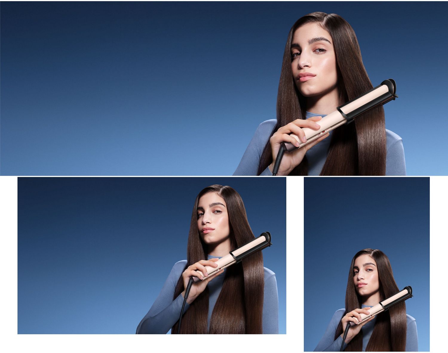 Model using the Dyson Corrale CoolShine hair straightener to smooth her hair.