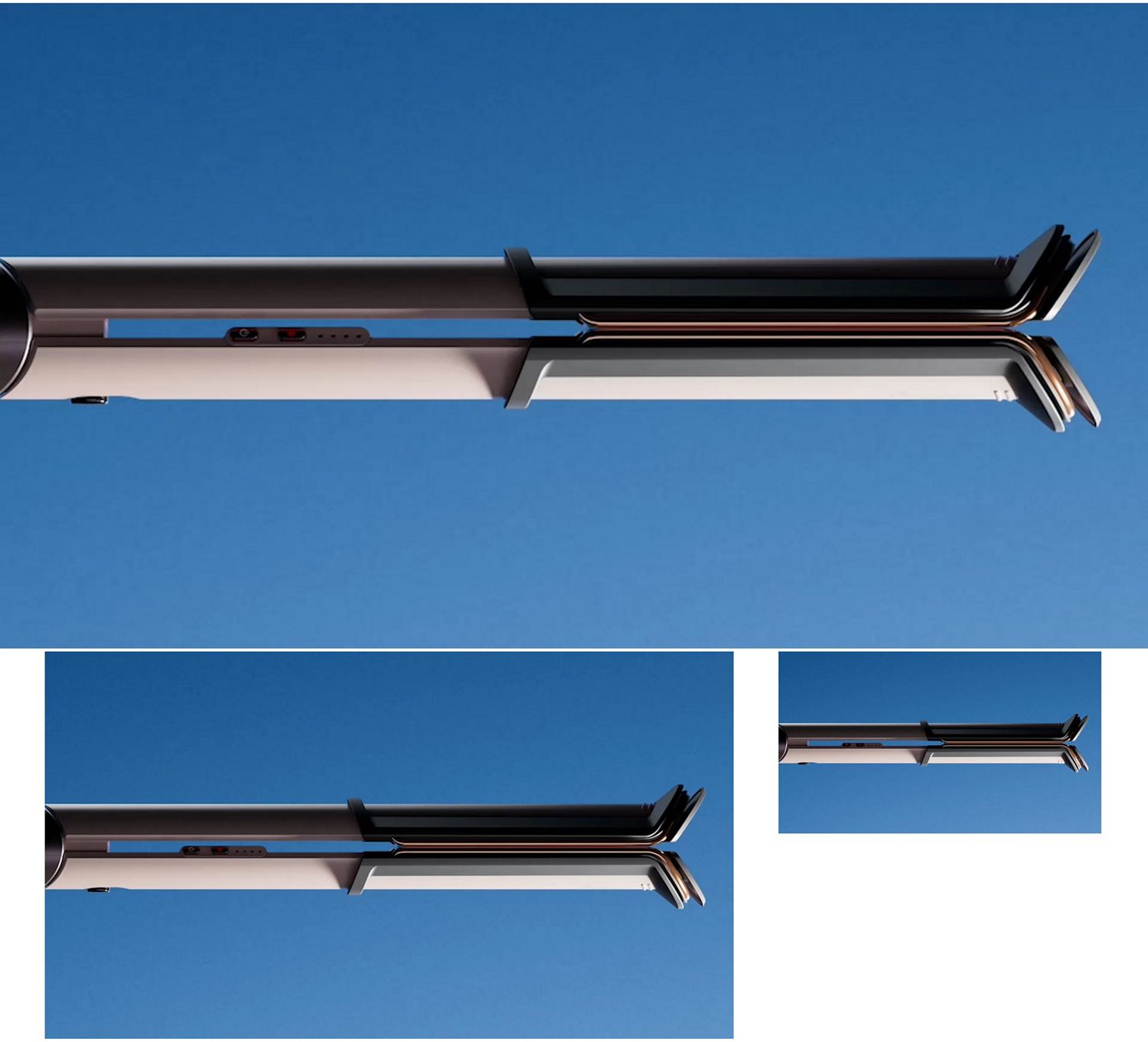 Side view of the Dyson Corrale CoolShine hair straightener showing the heat management pipes.