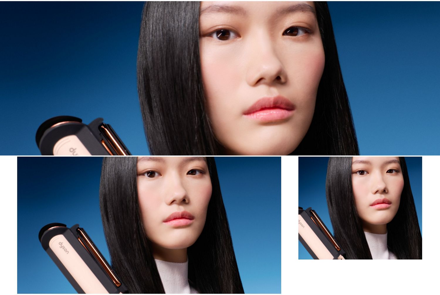 Model mit geschmeidigem, glattem Haar, gestylt mit dem Dyson Corrale CoolShine Haarglätter.