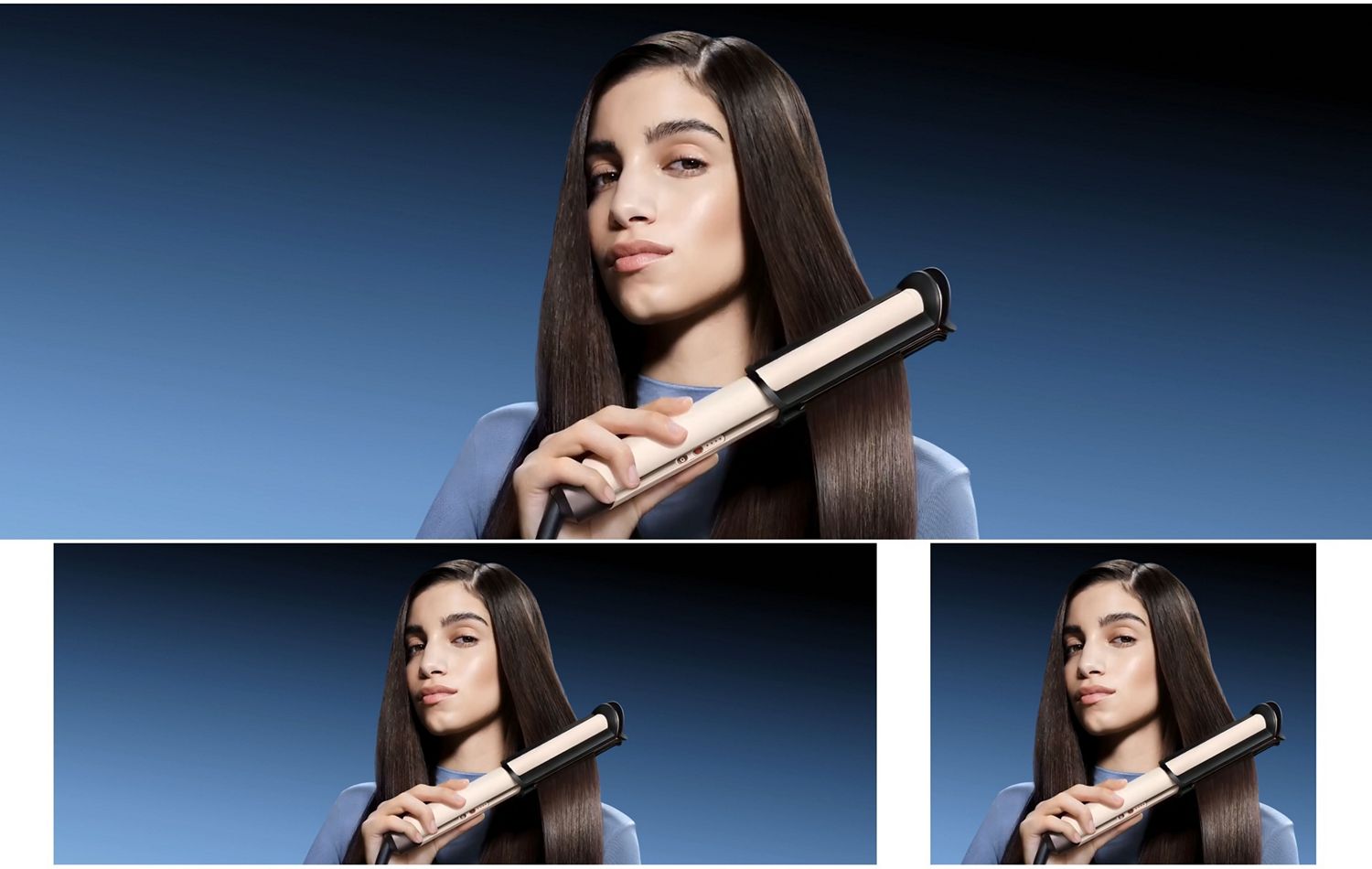 Model uses Dyson Corrale CoolShine hair straightener to style her hair.