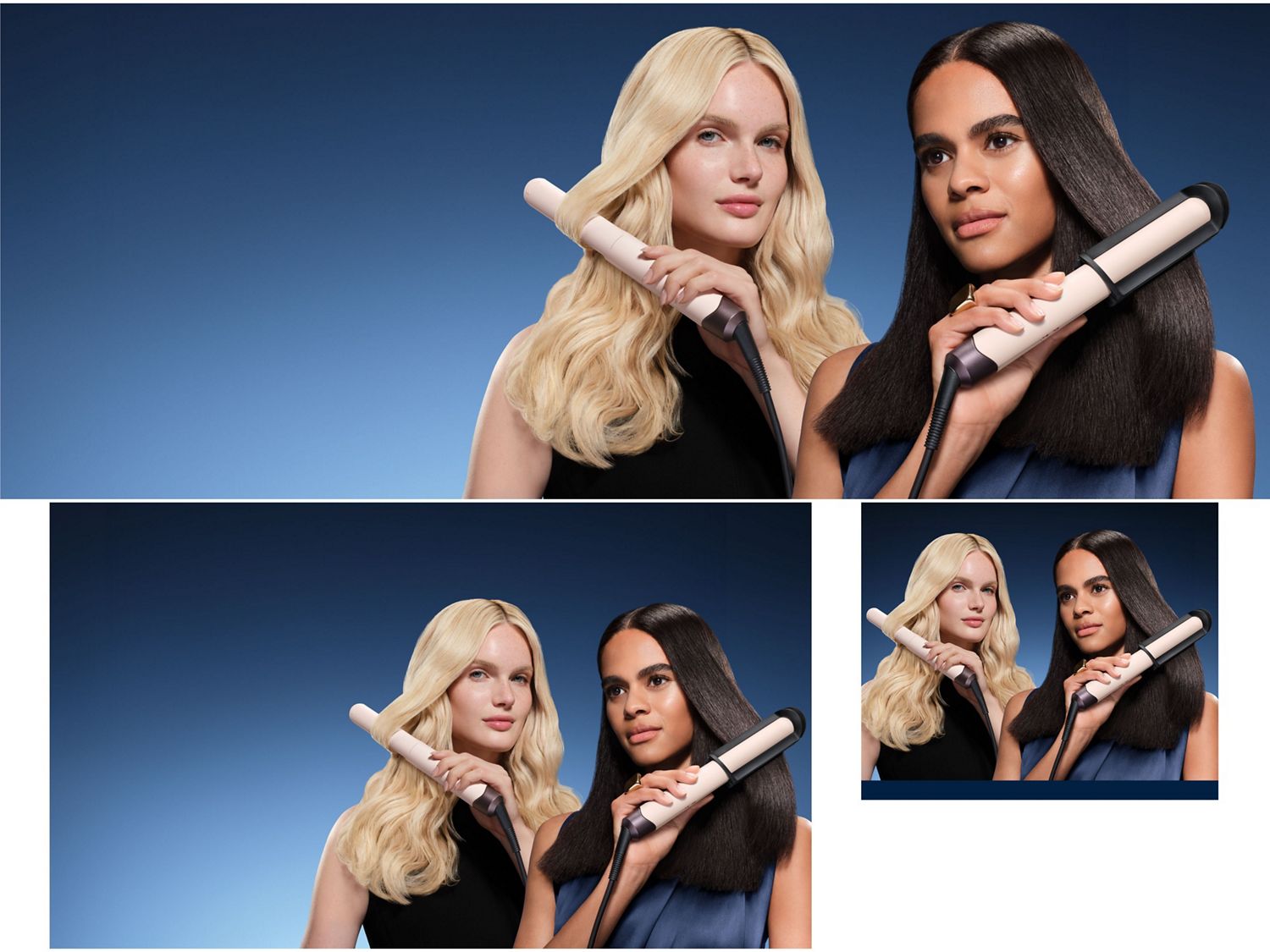 Pair of models style their hair with the Dyson Corrale CoolShine straightener.