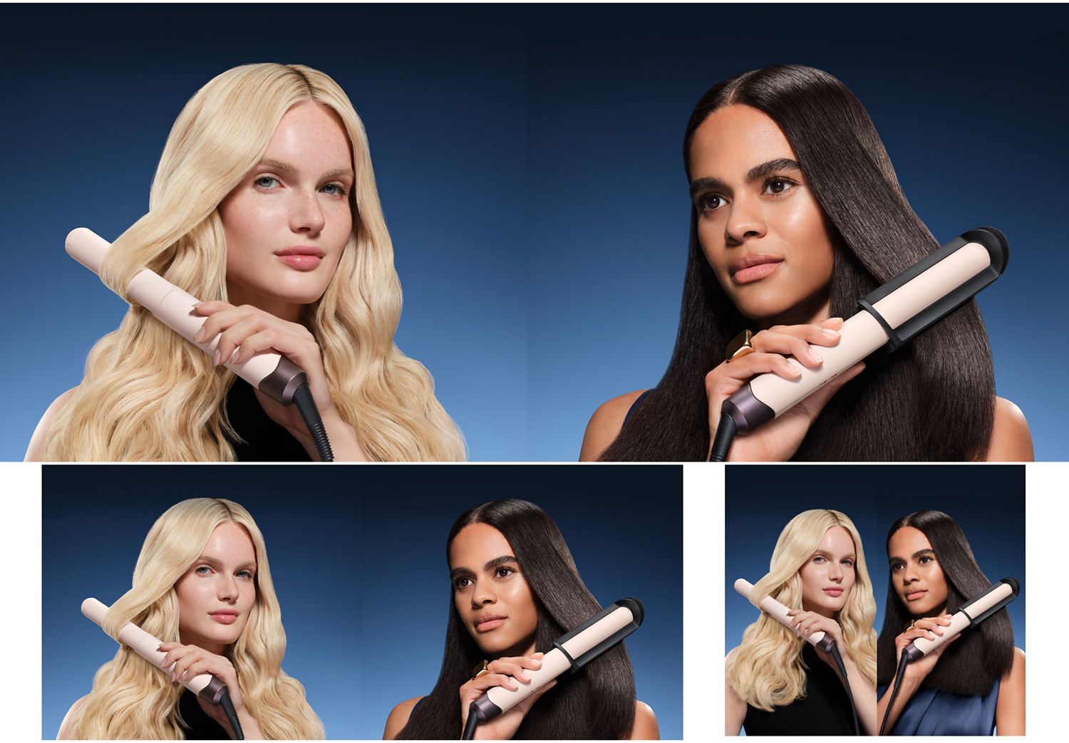 Pair of models style their hair with the Dyson Corrale CoolShine hair straightener.