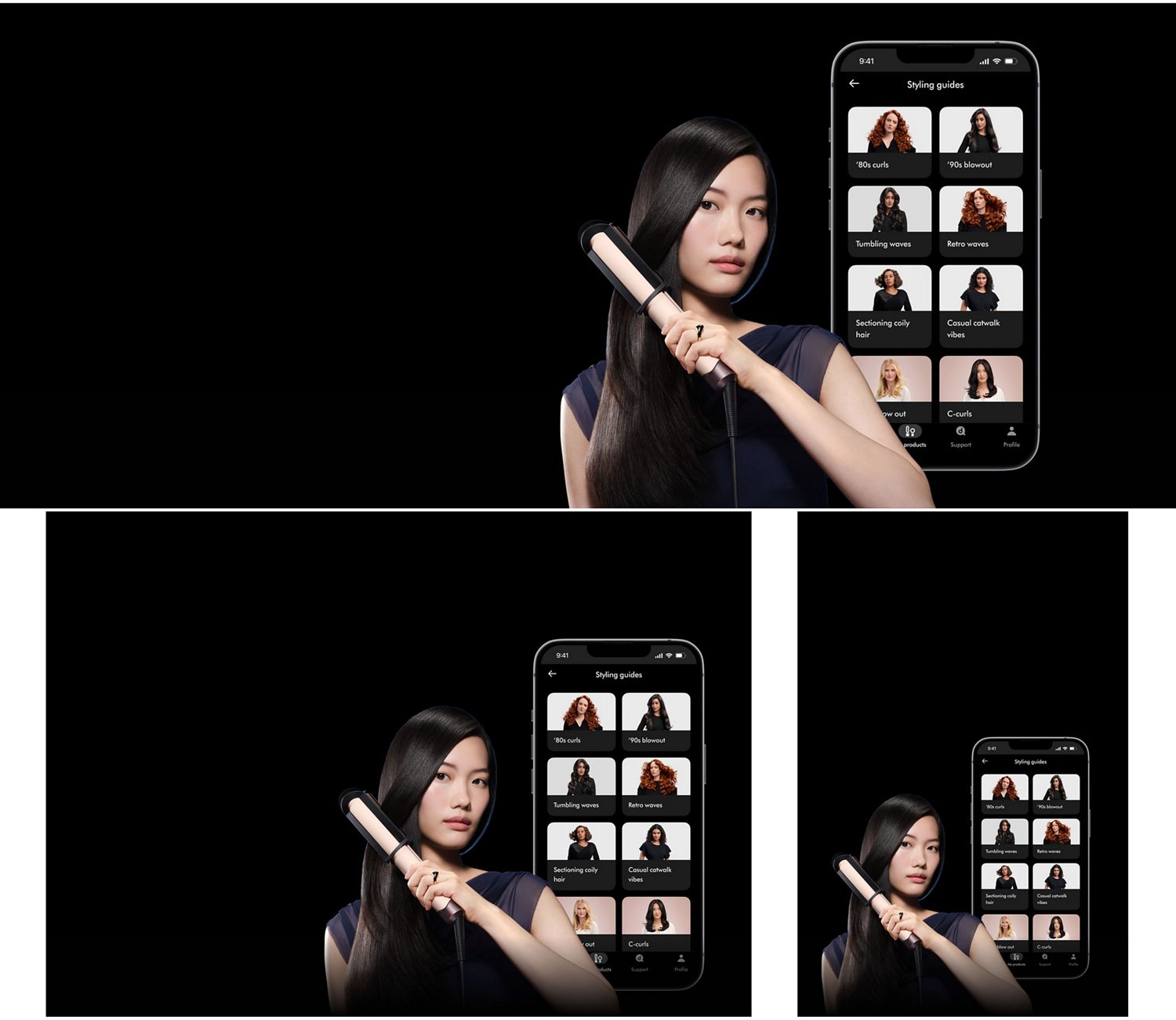 Model using the Dyson Corrale CoolShine hair straightener in front of a phone showing the MyDyson app.