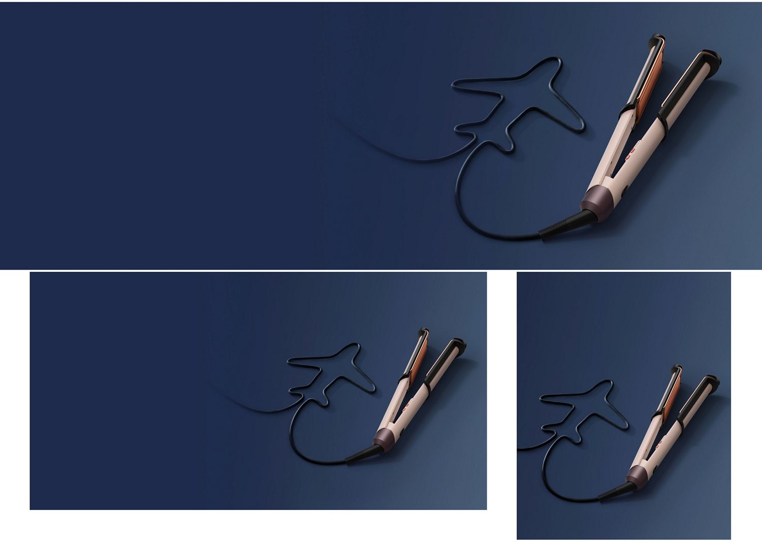 Dyson Corrale CoolShine hair straightener with cable shaped like an airplane.