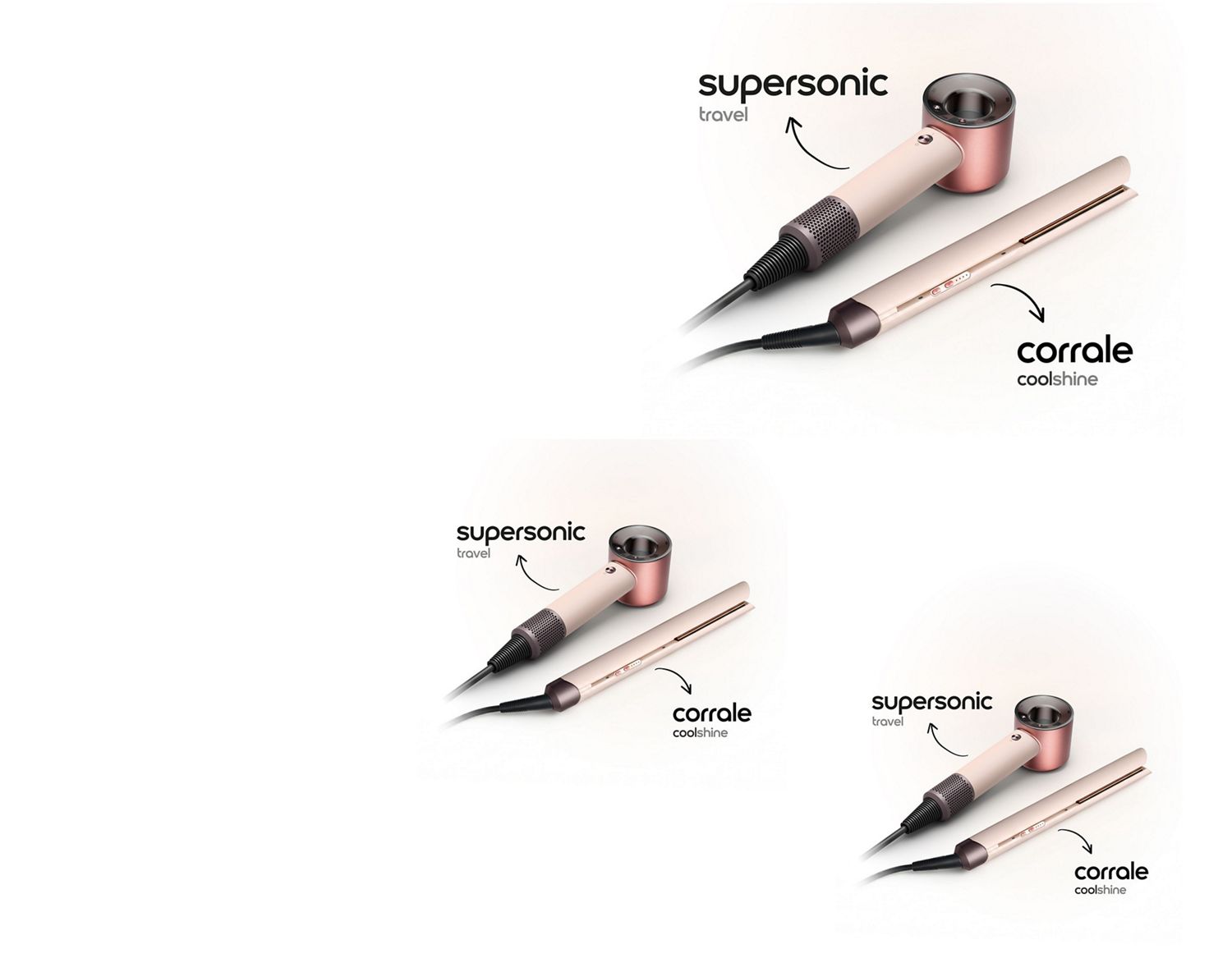 Dyson Corrale CoolShine hair straightener and Supersonic Travel hair dryer.
