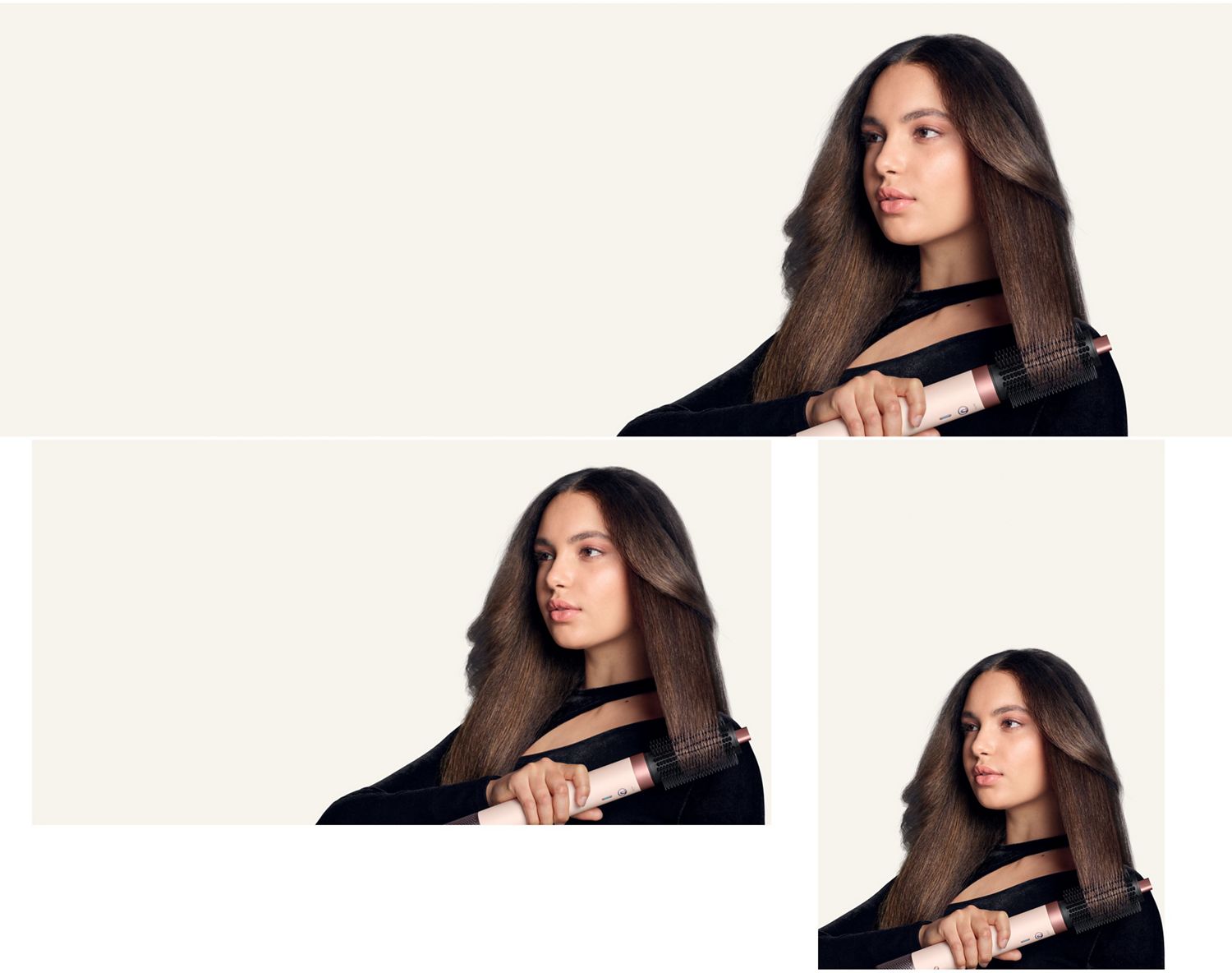 Model styles her hair with the Dyson Large round volumizing brush 2x.