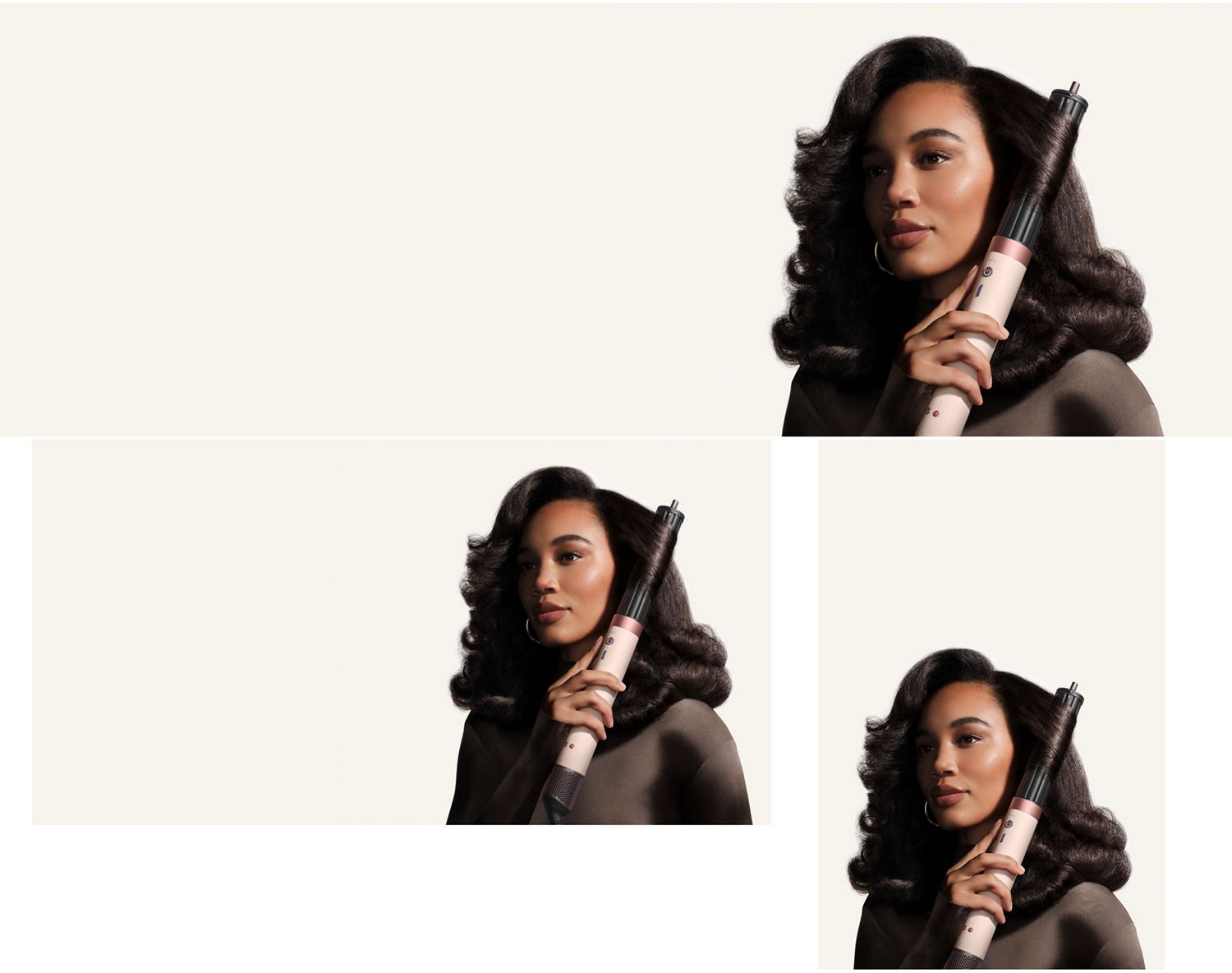 Model curls her hair with the Dyson 40mm Co-anda2x curling barrel.