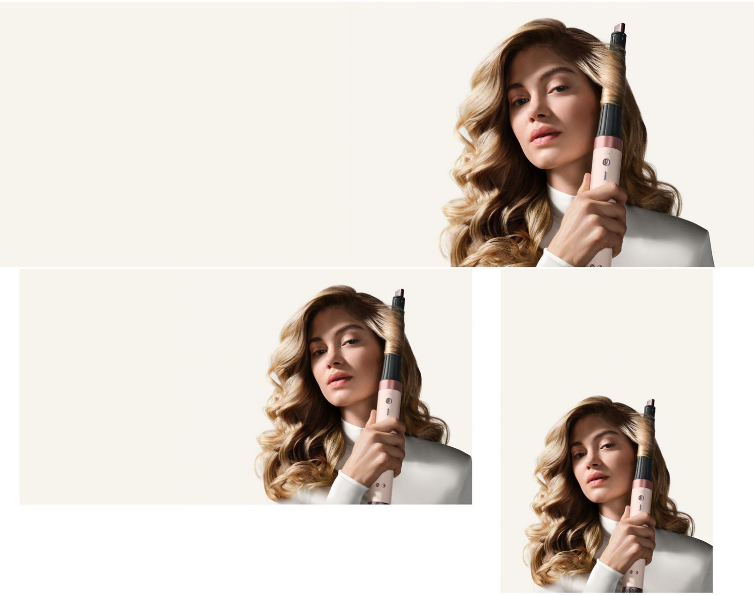 Model curls her hair with the Dyson Conical curling barrel.