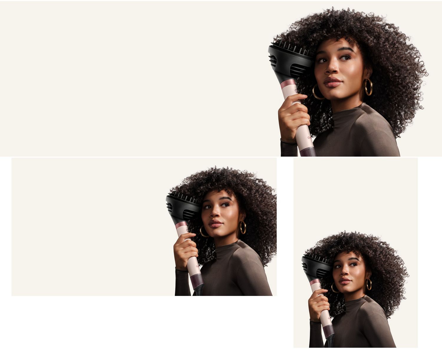 Model diffuses her hair with the Dyson Wave+Curl diffuser 2x.