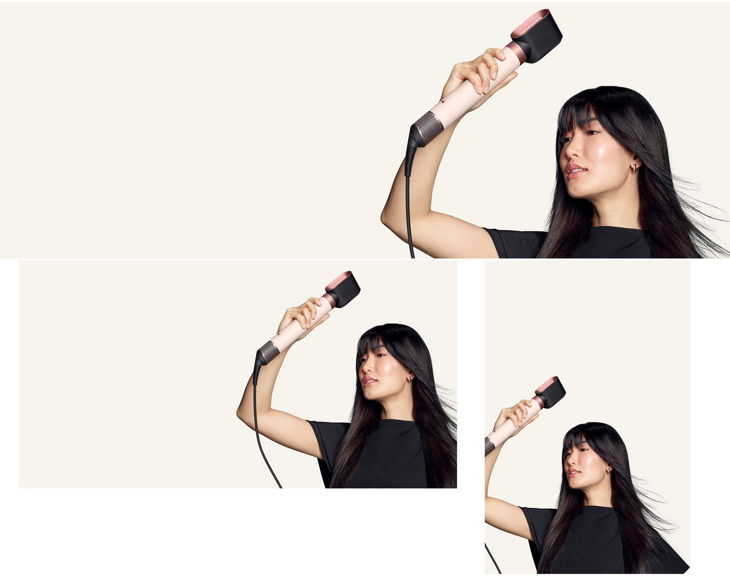 Model dries her hair with the Dyson Fast dryer 2x attachment.