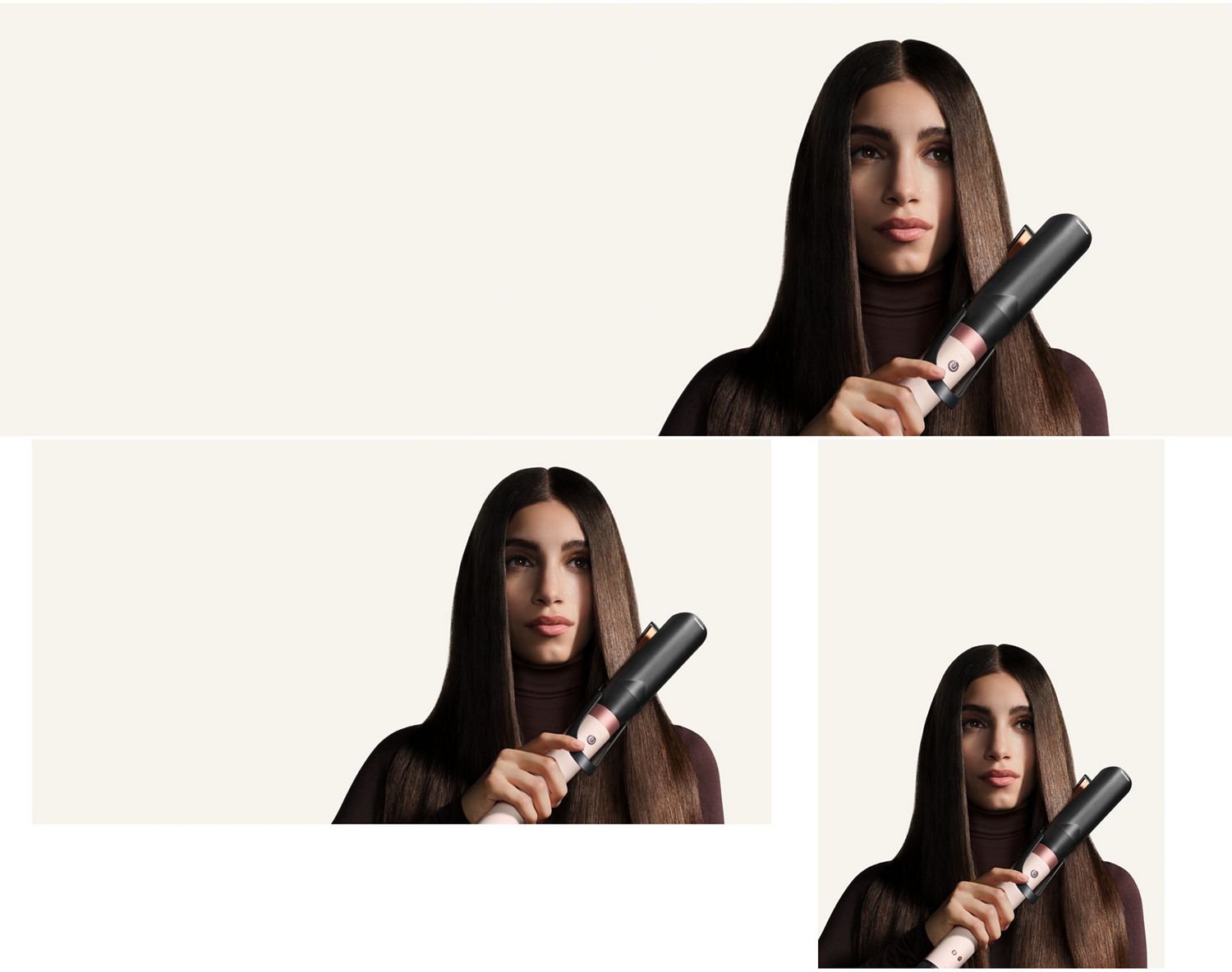 Model straightens her hair with the Dyson Air straightener 2x attachment.