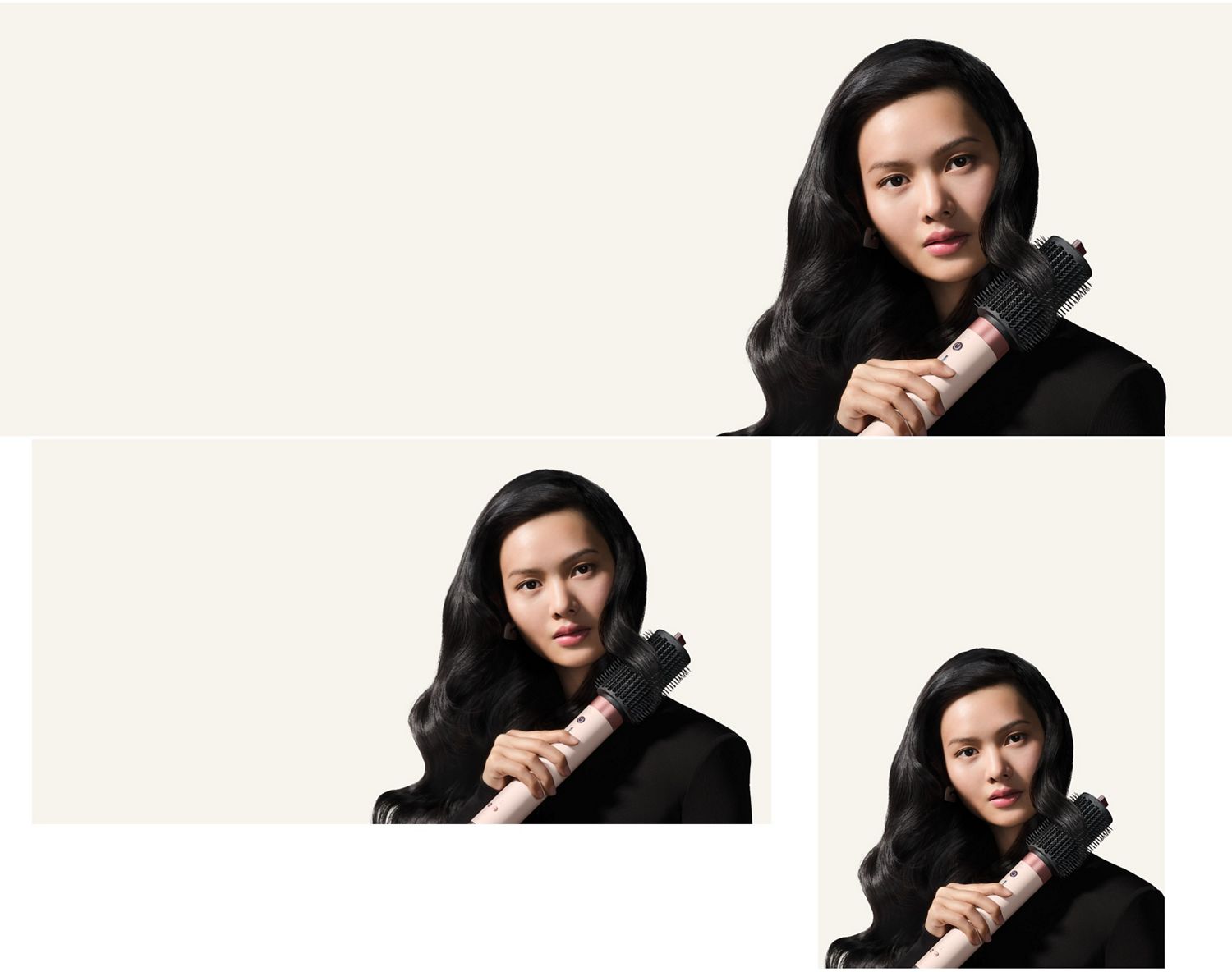 Model styles her hair with the Dyson Large round volumizing brush 2x.