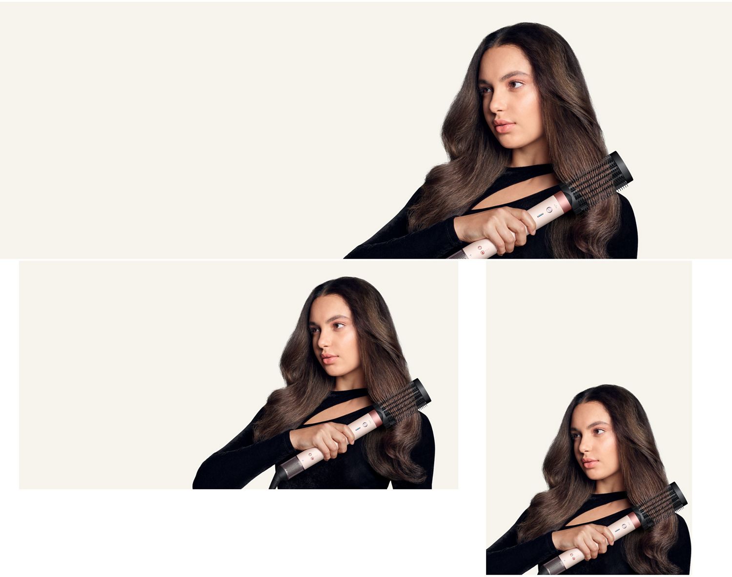 Model brushes her hair with the Dyson Anti-snag loop brush 2x.
