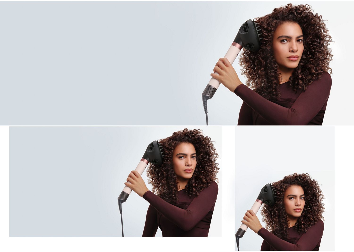 Modèle séchant ses cheveux avec le sèche-cheveux coiffant multifonction Dyson Airwrap Co-anda2x.
