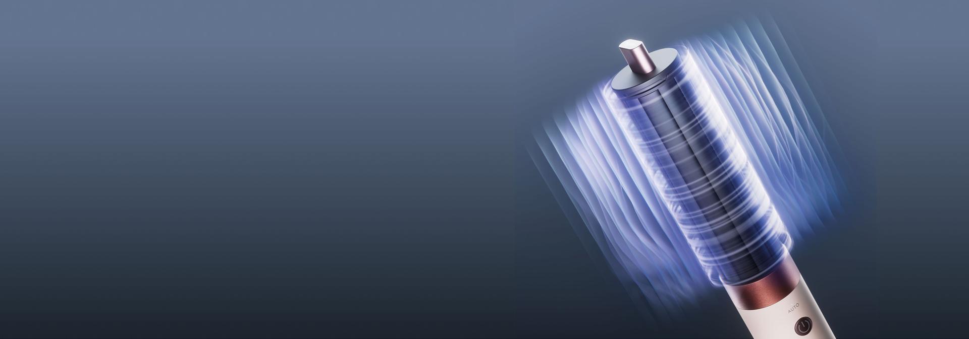 Grafické čáry znázorňují proudění vzduchu podle Coandova jevu kolem válce multifunkčního stylingového přístroje Dyson Airwrap Co-anda2x.