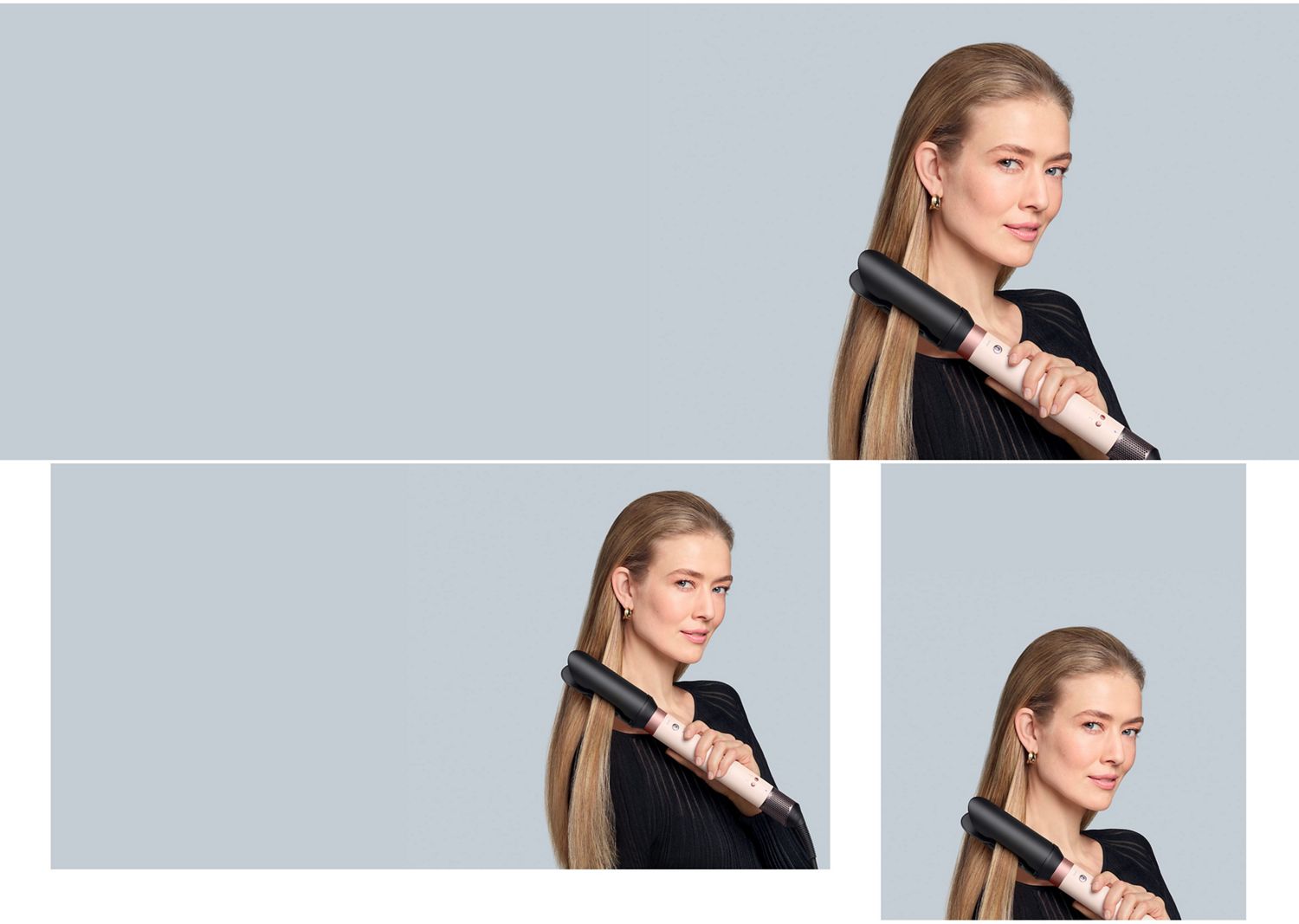 Modèle lissant ses cheveux avec l’embout Dyson AirSmooth2xMC.