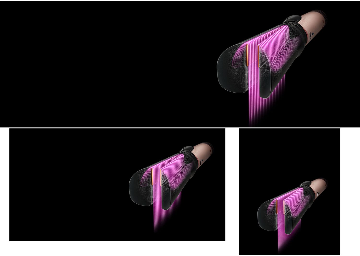 Pink graphics show the airflow through the Air straightener 2x attachment.