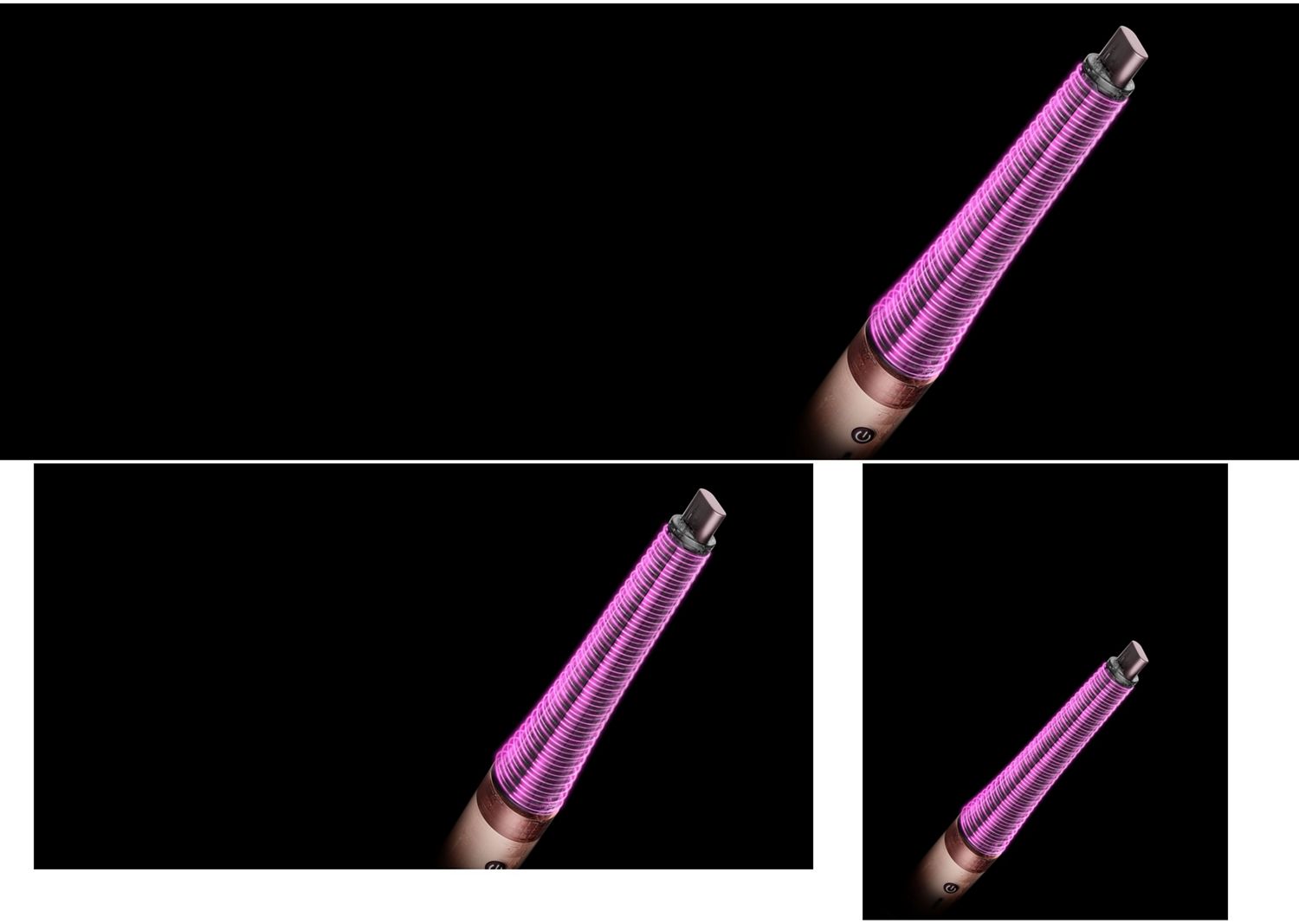 Pink graphics show the airflow around the Conical curling barrel.