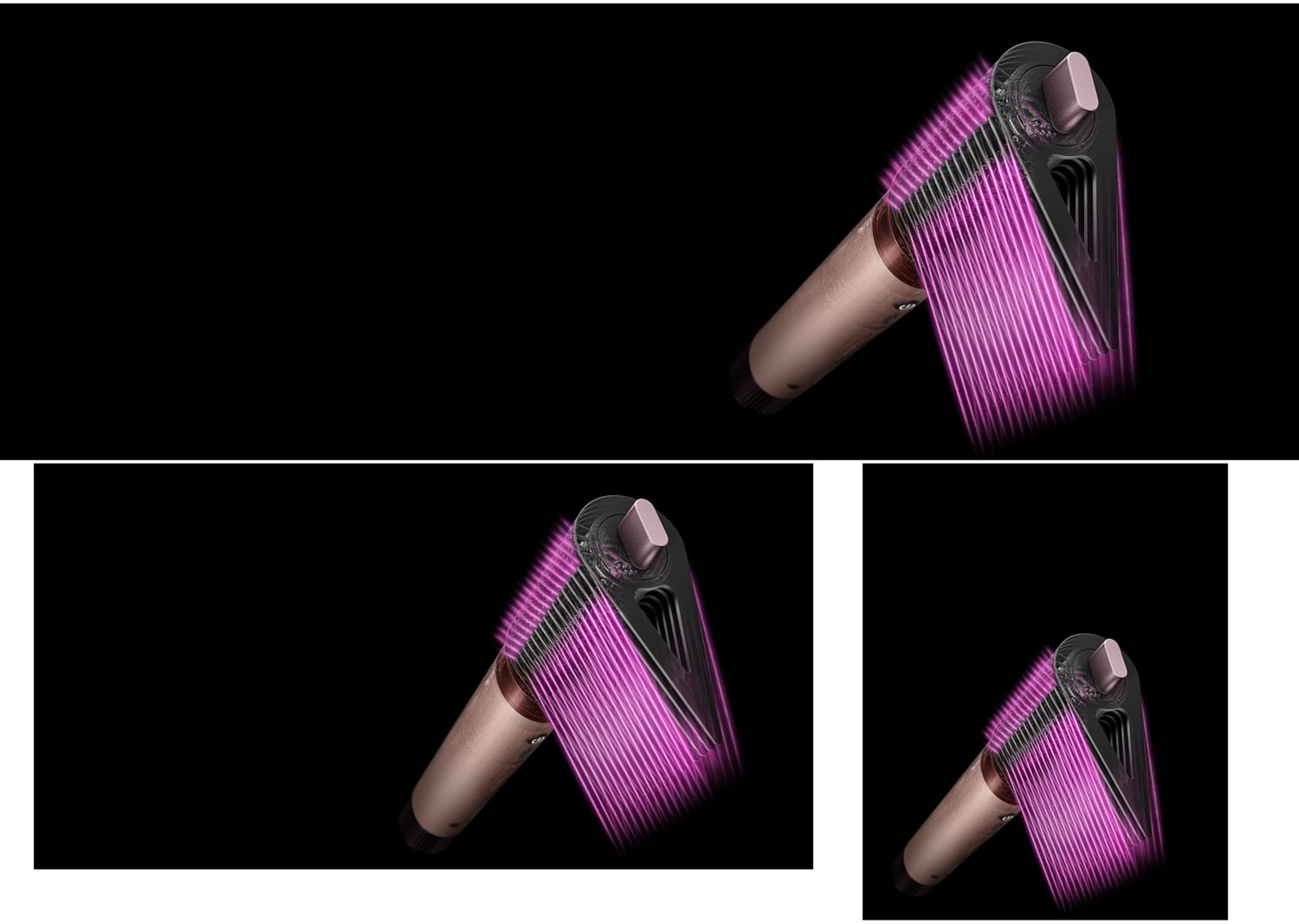Pink graphics show the airflow through the Tension comb 2x attachment.