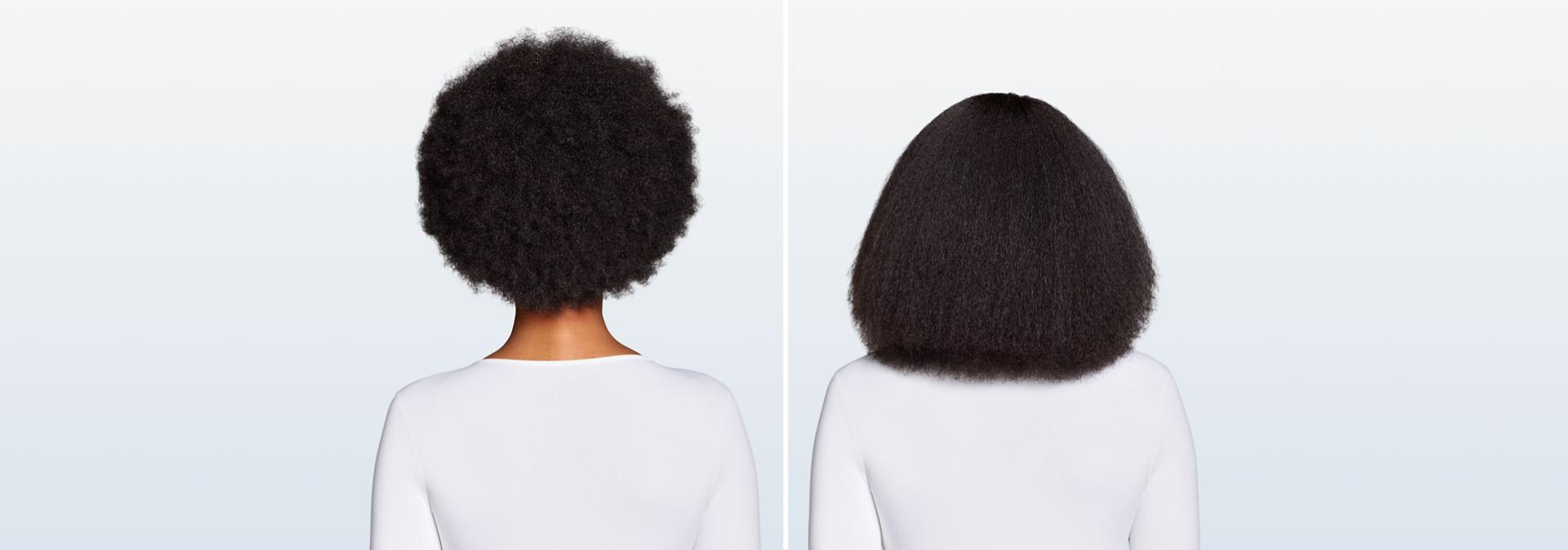Coily hair before and after styling with the Dyson Airwrap Co-anda2x multi-styler and dryer.