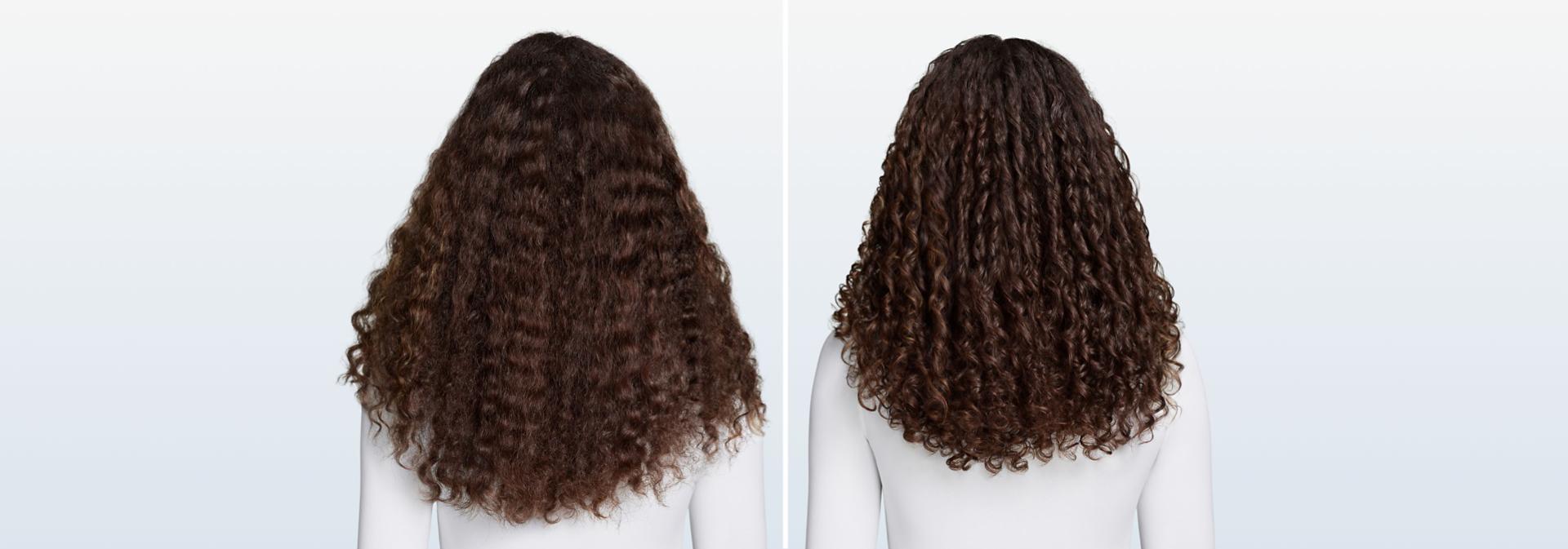 Curly hair before and after styling with the Dyson Airwrap Co-anda2x multi-styler and dryer.