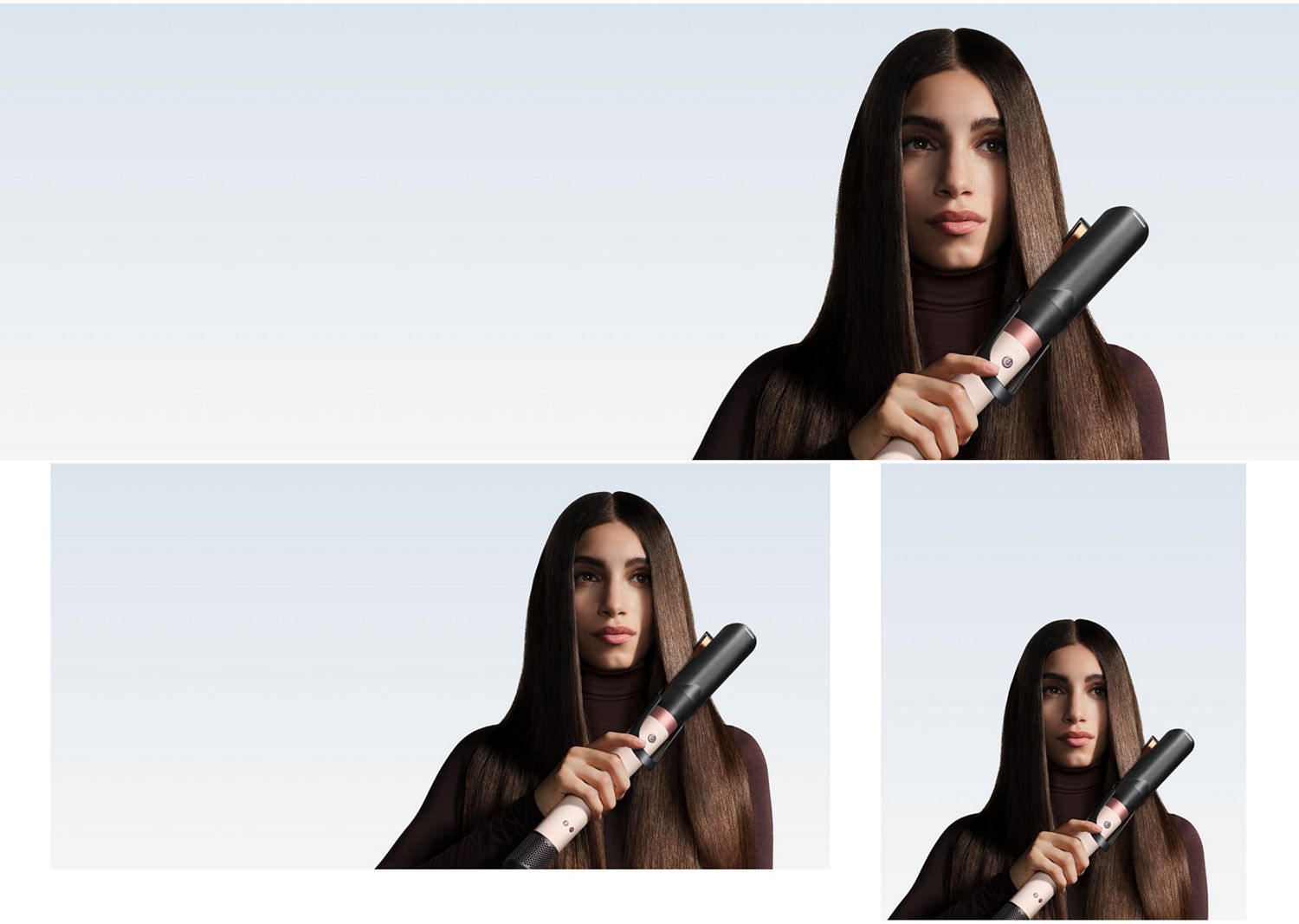 Model straightens her hair with the Dyson Airwrap Co-anda2x multi-styler and dryer.