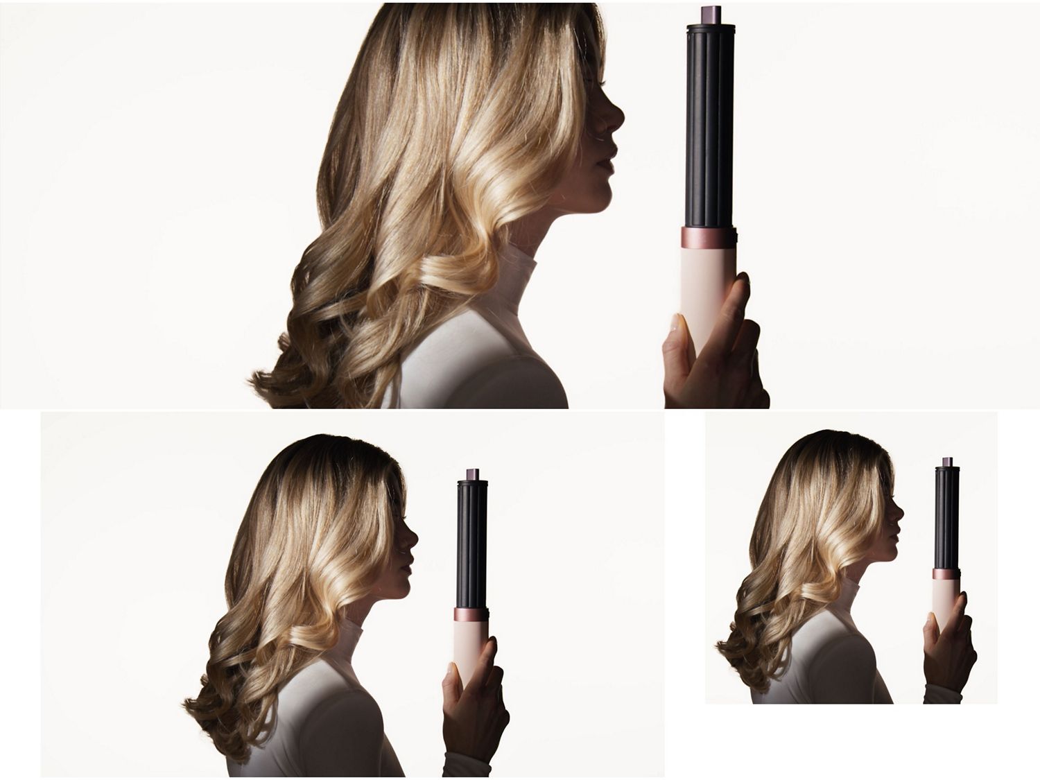 Model next to the Dyson Airwrap Co-anda2x multi-styler and dryer.