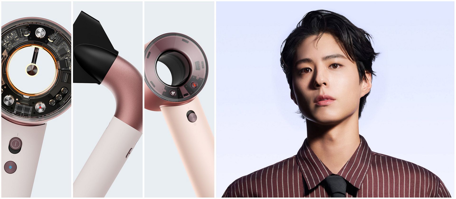 A range of Dyson hair dryers and a model with hair styled with Dyson Beauty devices.