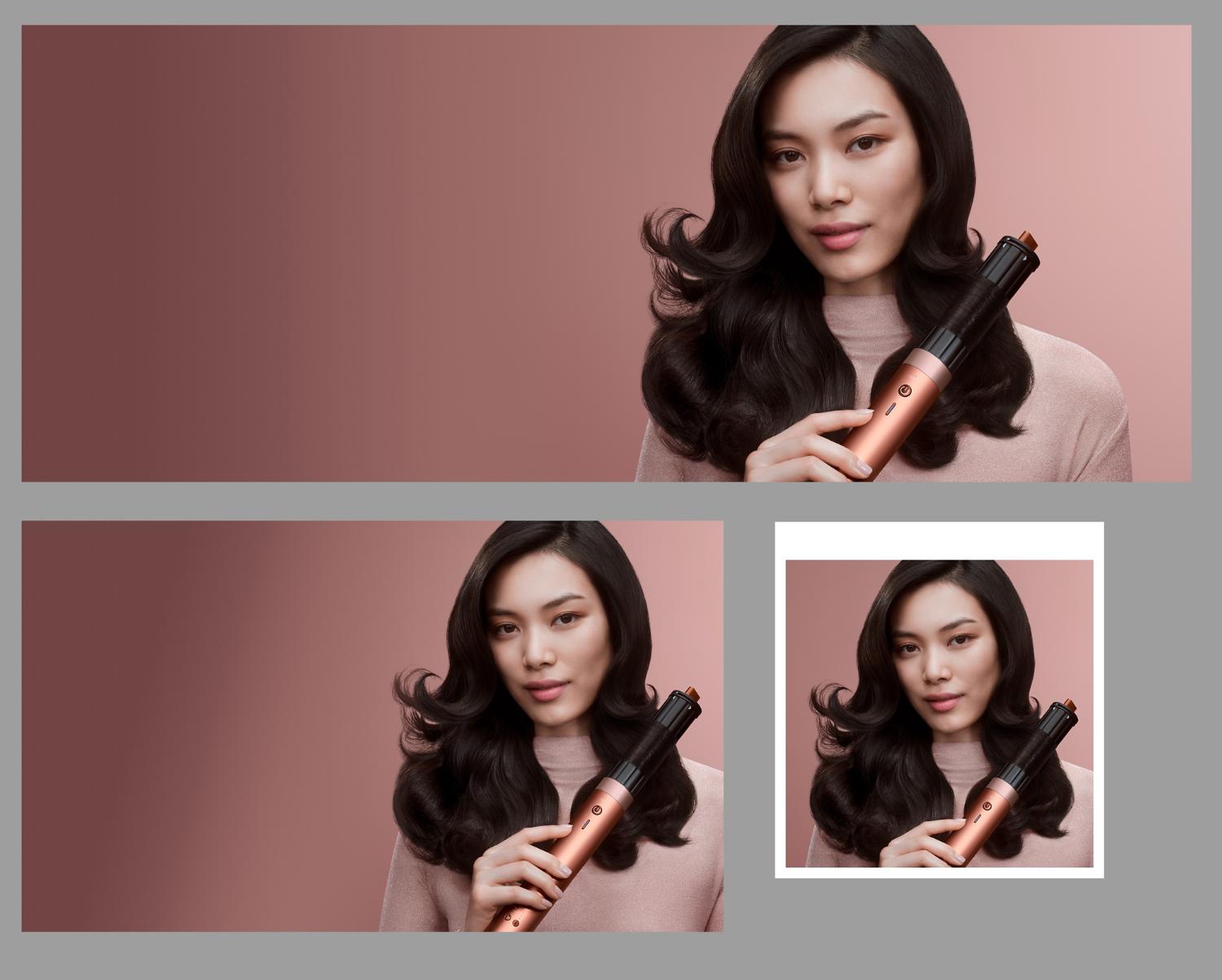 Dyson Airwrap Co-anda2x multi-styler and dryer used by a model to curl her hair.