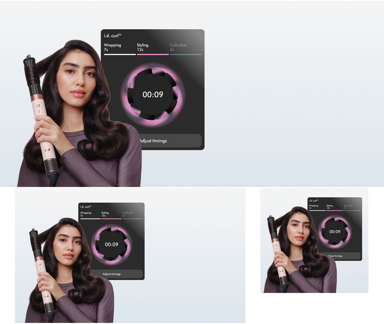 Model curls her hair in front of a screen showing the ID curl personalized curling sequence.
