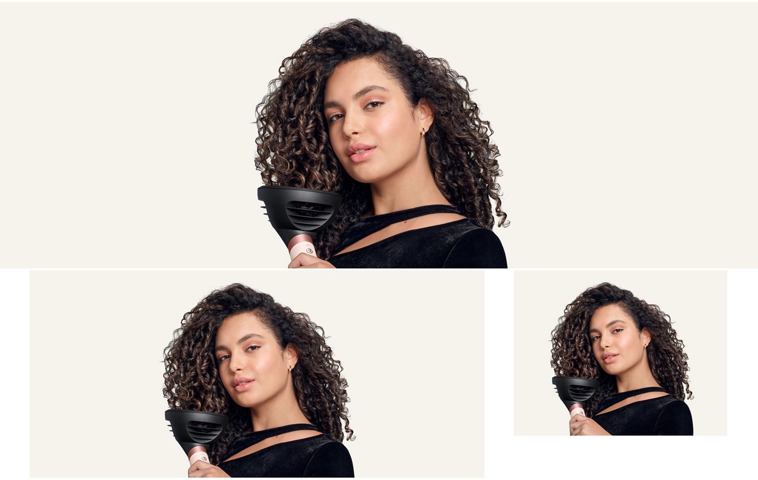 Model uses the Dyson Airwrap Co-anda2x multi-styler and dryer to dry her hair.