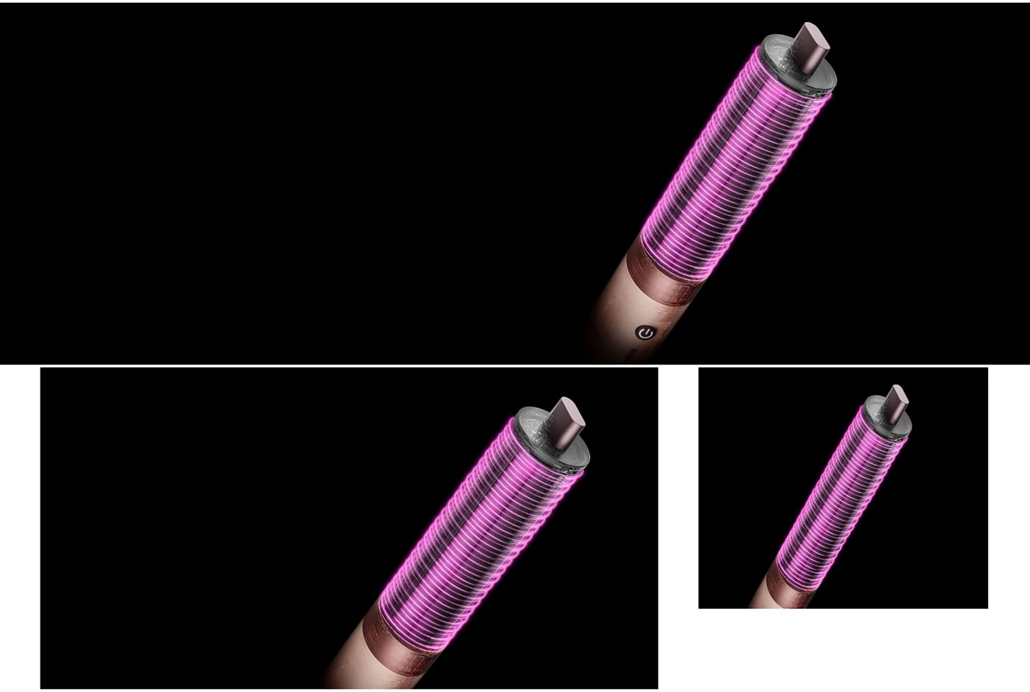 Vaaleanpunainen grafiikka havainnollistaa ilmavirtausta Dyson Airwrap 40 mm Co-anda2x -kiharrinosan ympärillä.