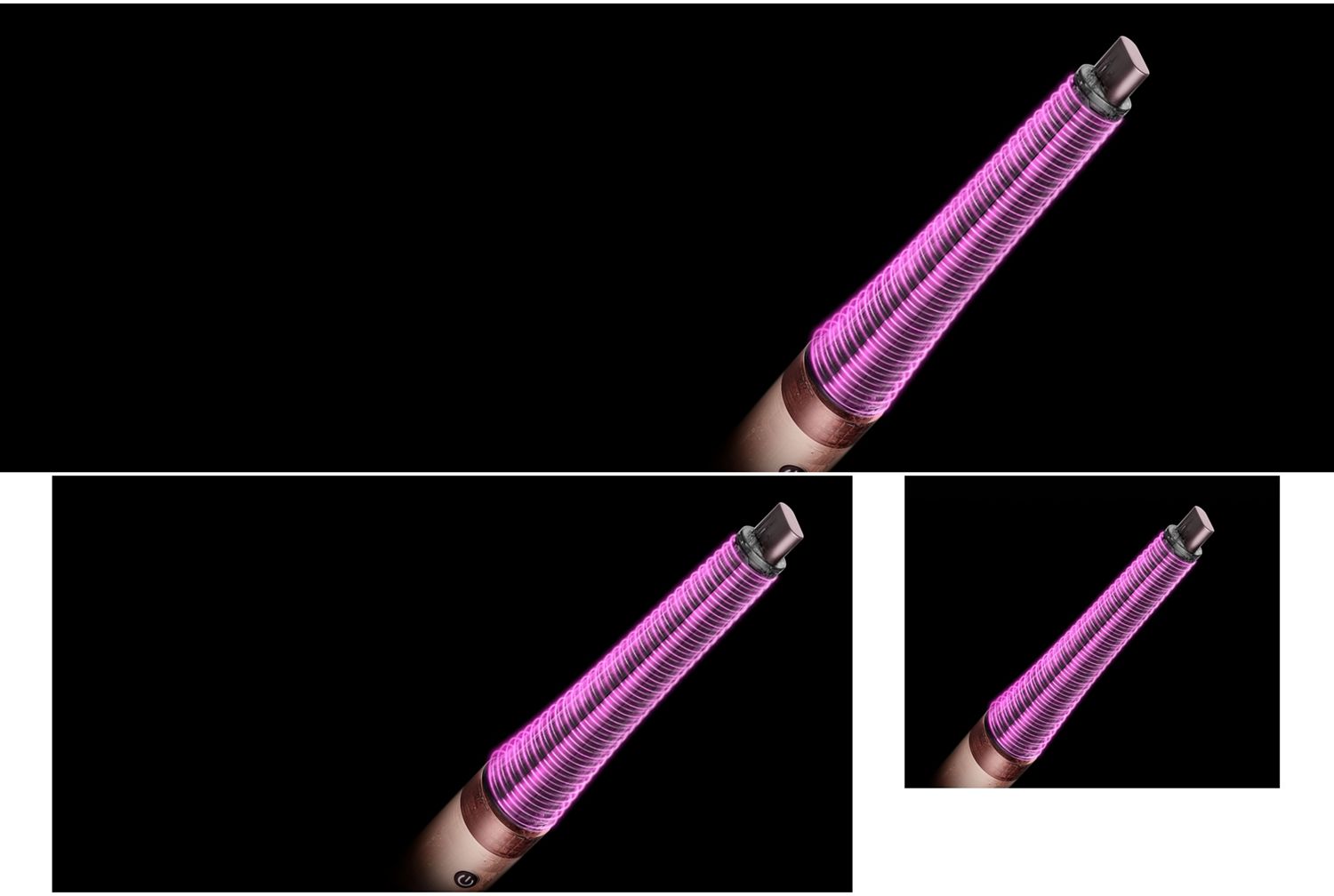 Pink graphics show the airflow around the Dyson Airwrap Conical Co-anda2x curling barrel.