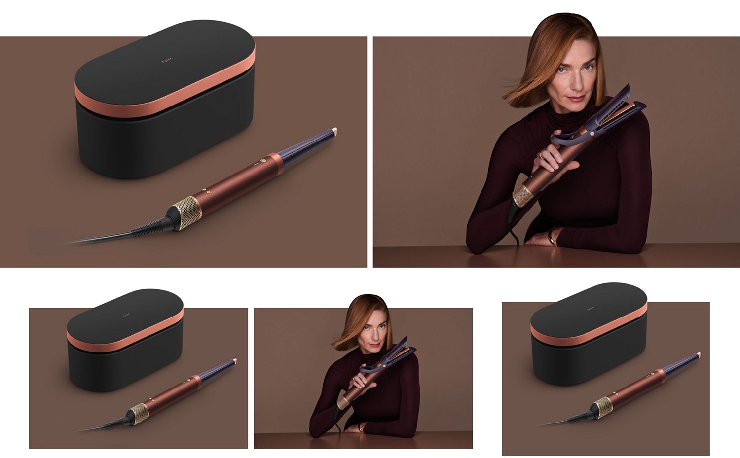 Dyson Airwrap Co-anda2x multi-styler with Presentation case and a model holding the device.