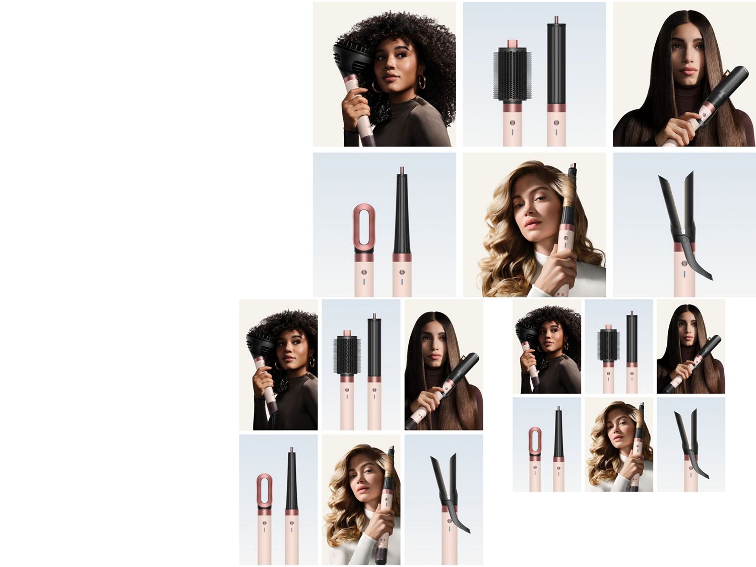 Collage showing attachments for the Dyson Airwrap Co-anda2x multi-styler and models styling their hair in Ceramic Pink
