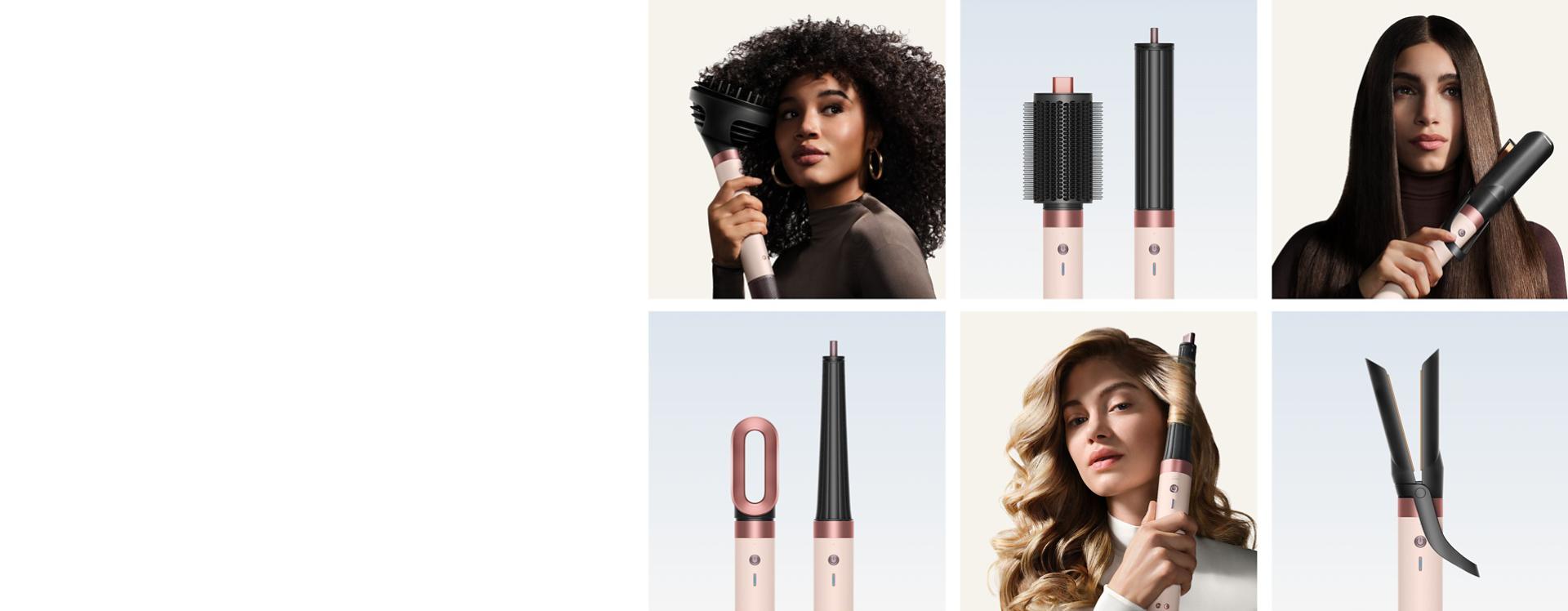 Collage showing attachments for the Dyson Airwrap Co-anda2x multi-styler and models styling their hair.