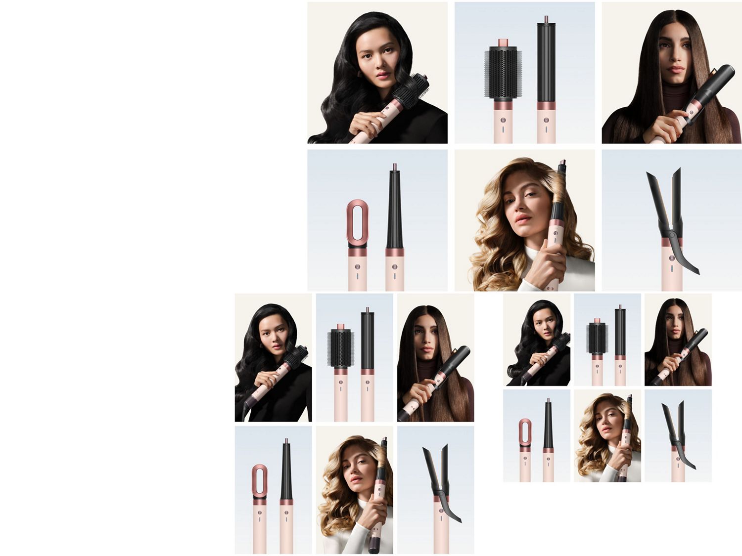 Collage som viser tilbehørsdelene til Dyson Airwrap Co-anda2x multistyler samt modeller som styler håret sitt i Ceramic Pink