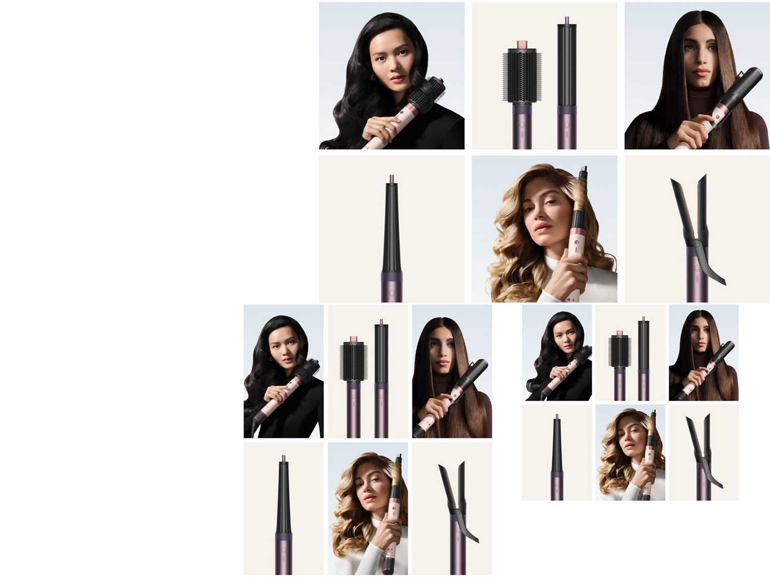 Collage showing attachments for the Dyson Airwrap Co-anda2x multi-styler and models styling their hair in Ceramic Pink & Jasper Plum.