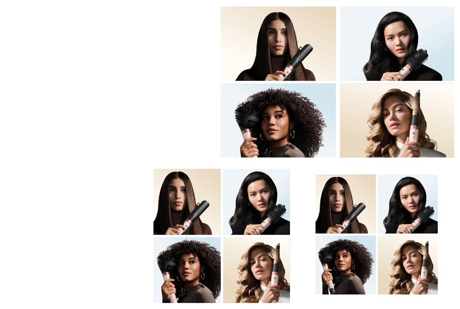Kollektion von Models, die ihr Haar mit dem Dyson Airwrap Co-anda2x Multi-Haarstyler und -trockner stylen.