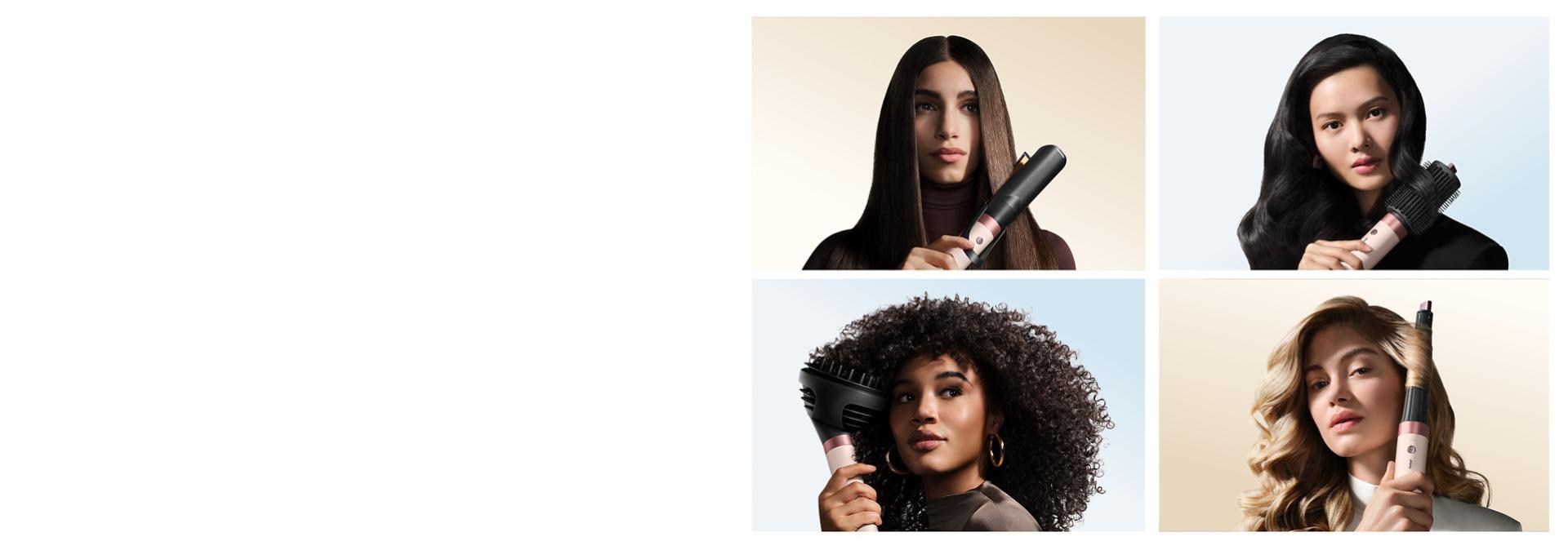 Collection of models styling their hair with the Dyson Airwrap Co-anda2x multi-styler and dryer.