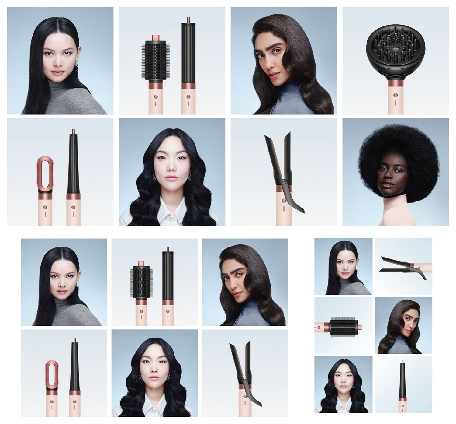 Collage showing attachments for the Dyson Airwrap Co-anda2x multi-styler and models styling their hair.