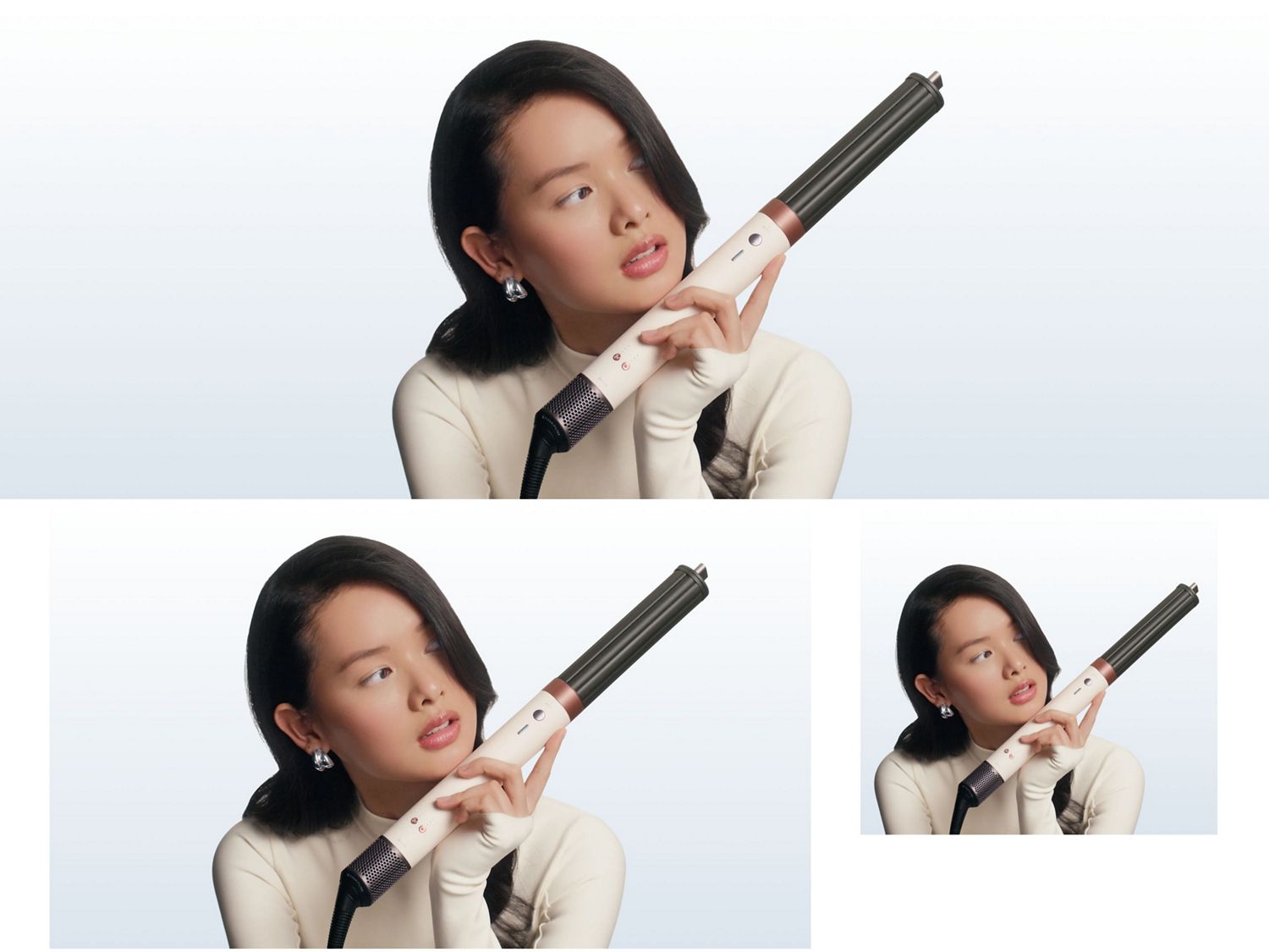 Model holds the Dyson Airwrap Co-anda2x multi-styler and dryer to one side.