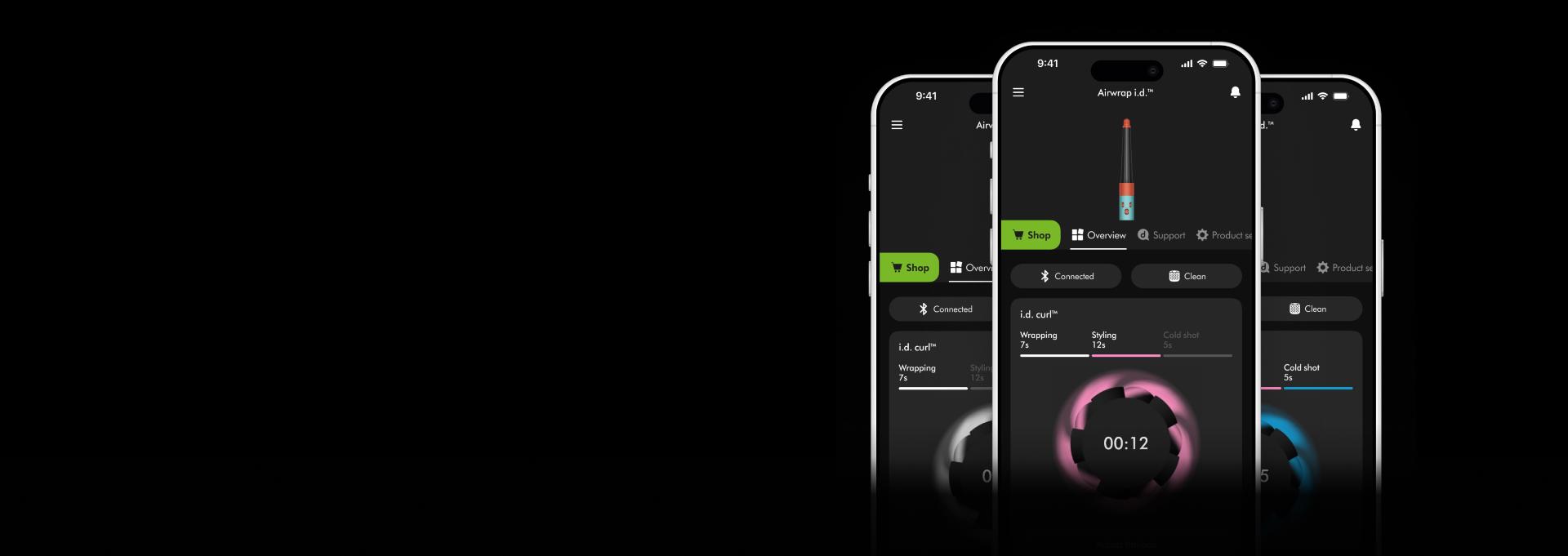 A trio of phone screens showing the i.d. curl feature on the MyDyson app.