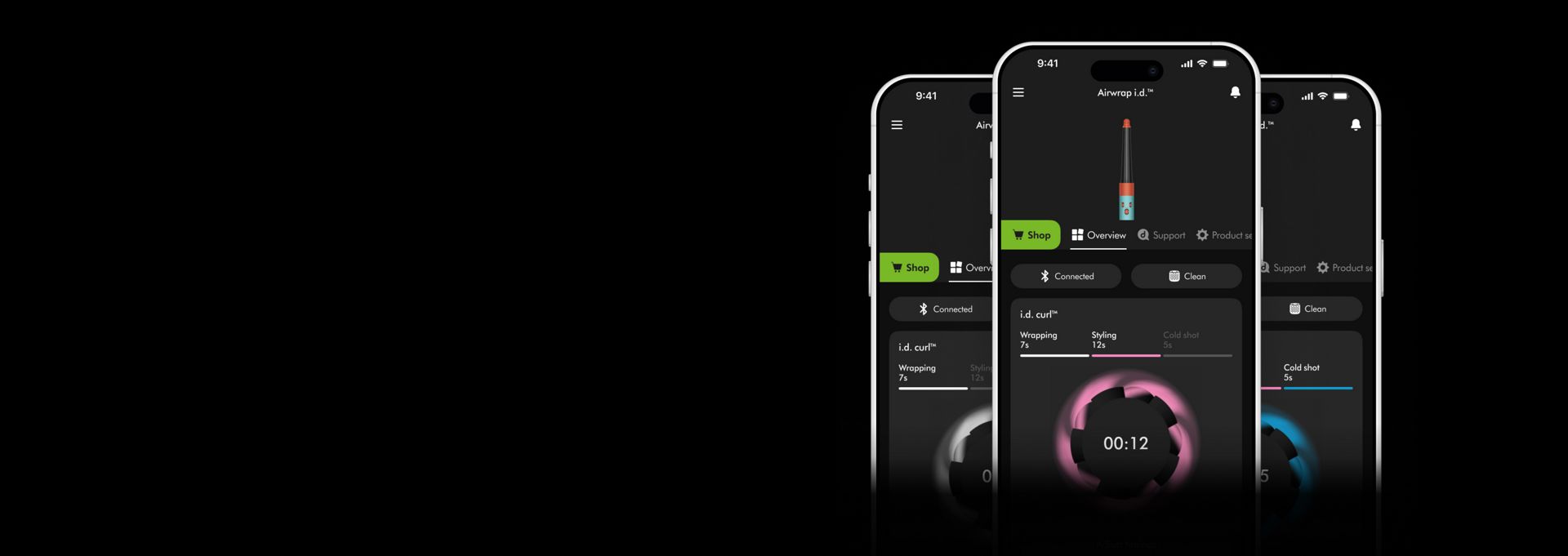 A trio of phone screens showing the i.d. curl feature on the MyDyson app.