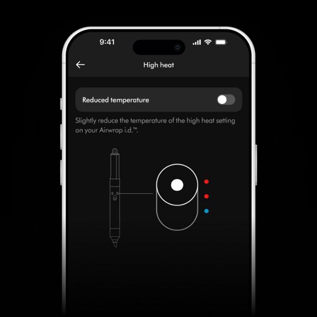 A phone screen showing the adjustable heat settings within the MyDyson app.