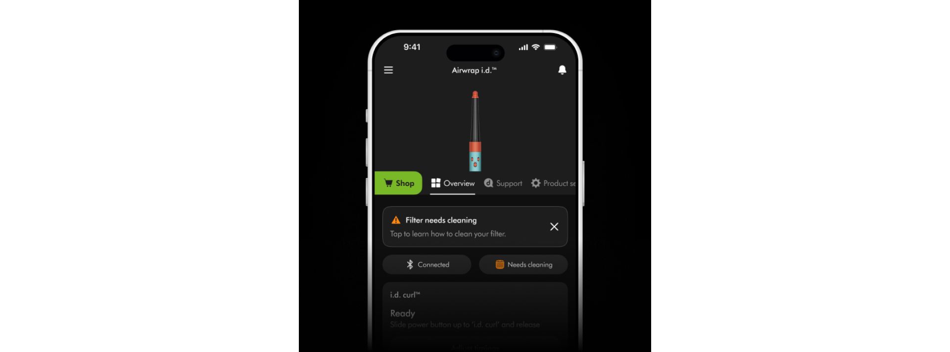 A phone screen with the MyDyson app alerting the user that their filter needs cleaning.