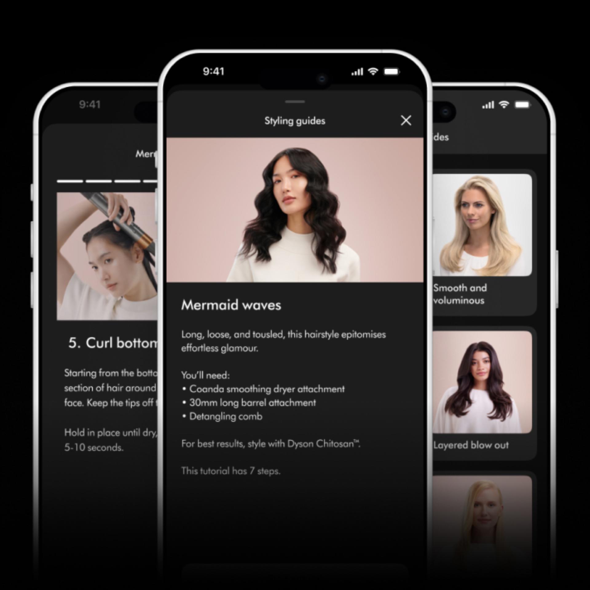 A trio of phone screens with the MyDyson app guiding the user through a new hair style.