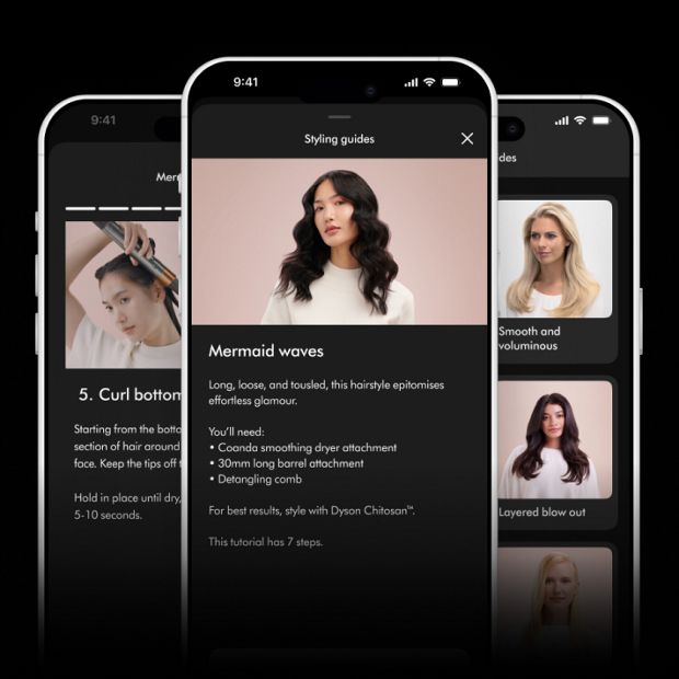 A trio of phone screens with the MyDyson app guiding the user through a new hair style.