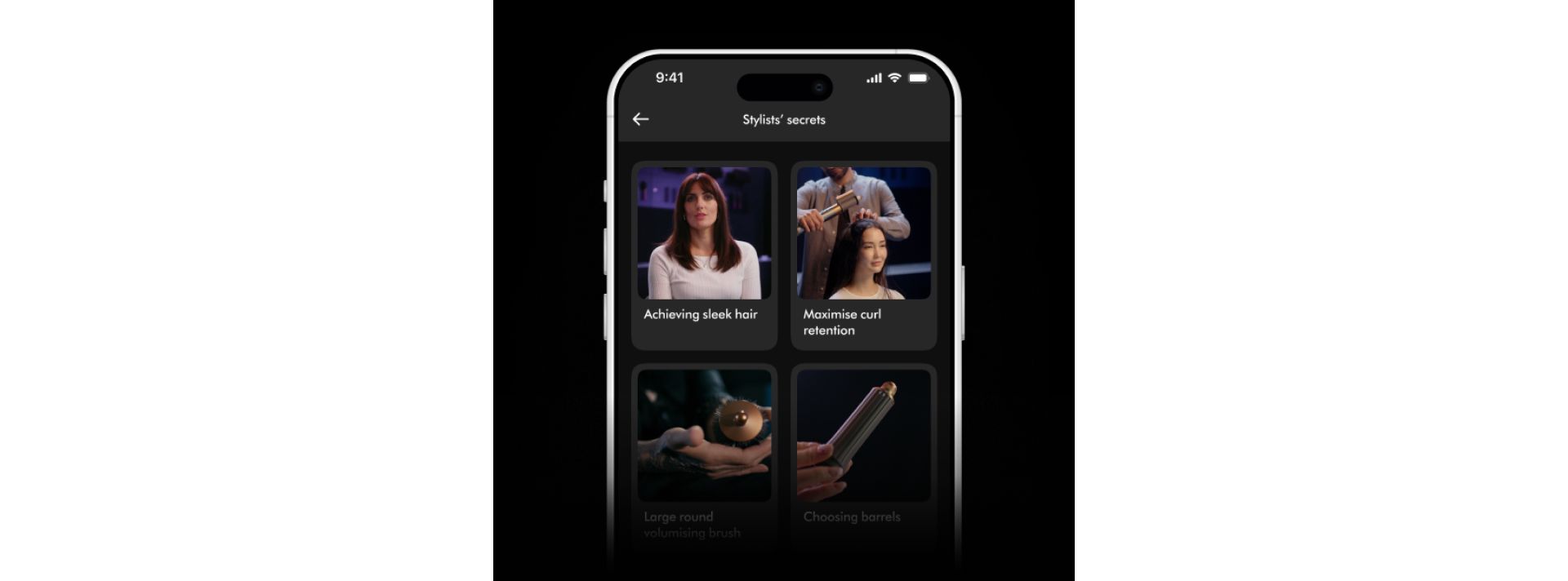 A phone screen with the MyDyson app showing personalised styling ideas and tips.