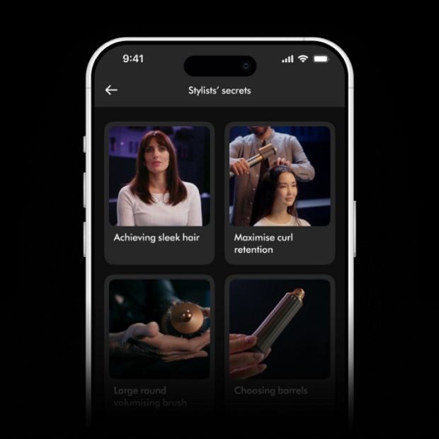A phone screen with the MyDyson app showing personalised styling ideas and tips.